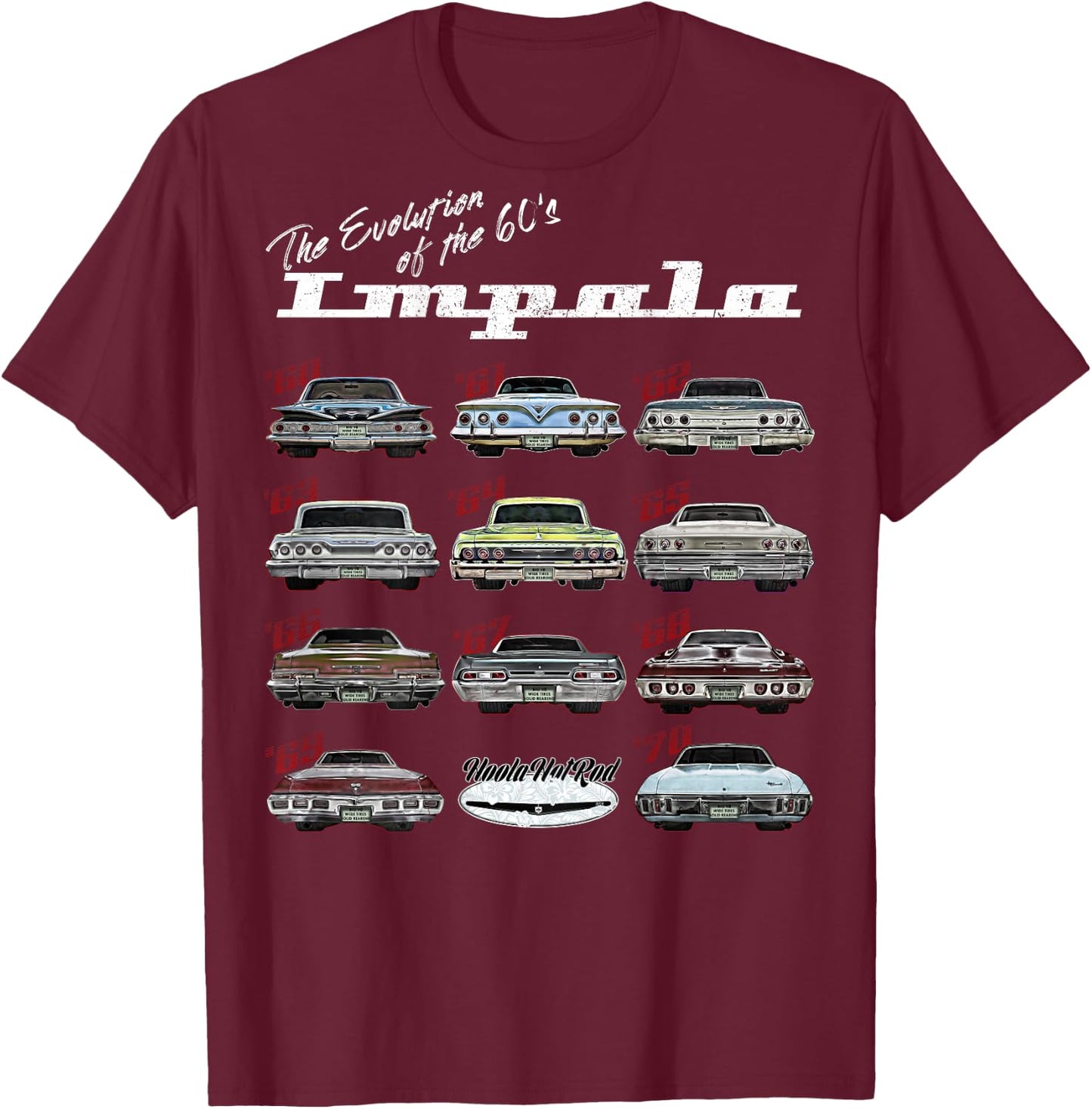 Evolution of the 60s Impala 1960 Hot Rod Muscle Car mashup T-Shirt - T-Shirt | Maroon