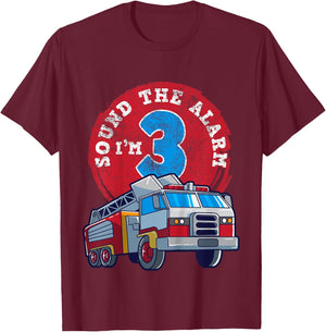 3rd Birthday Three Years Old Firetruck Firefighter Gift T-Shirt - T-Shirt | Maroon
