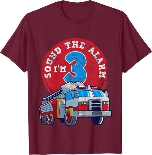 3rd Birthday Three Years Old Firetruck Firefighter Gift T-Shirt - T-Shirt | Maroon