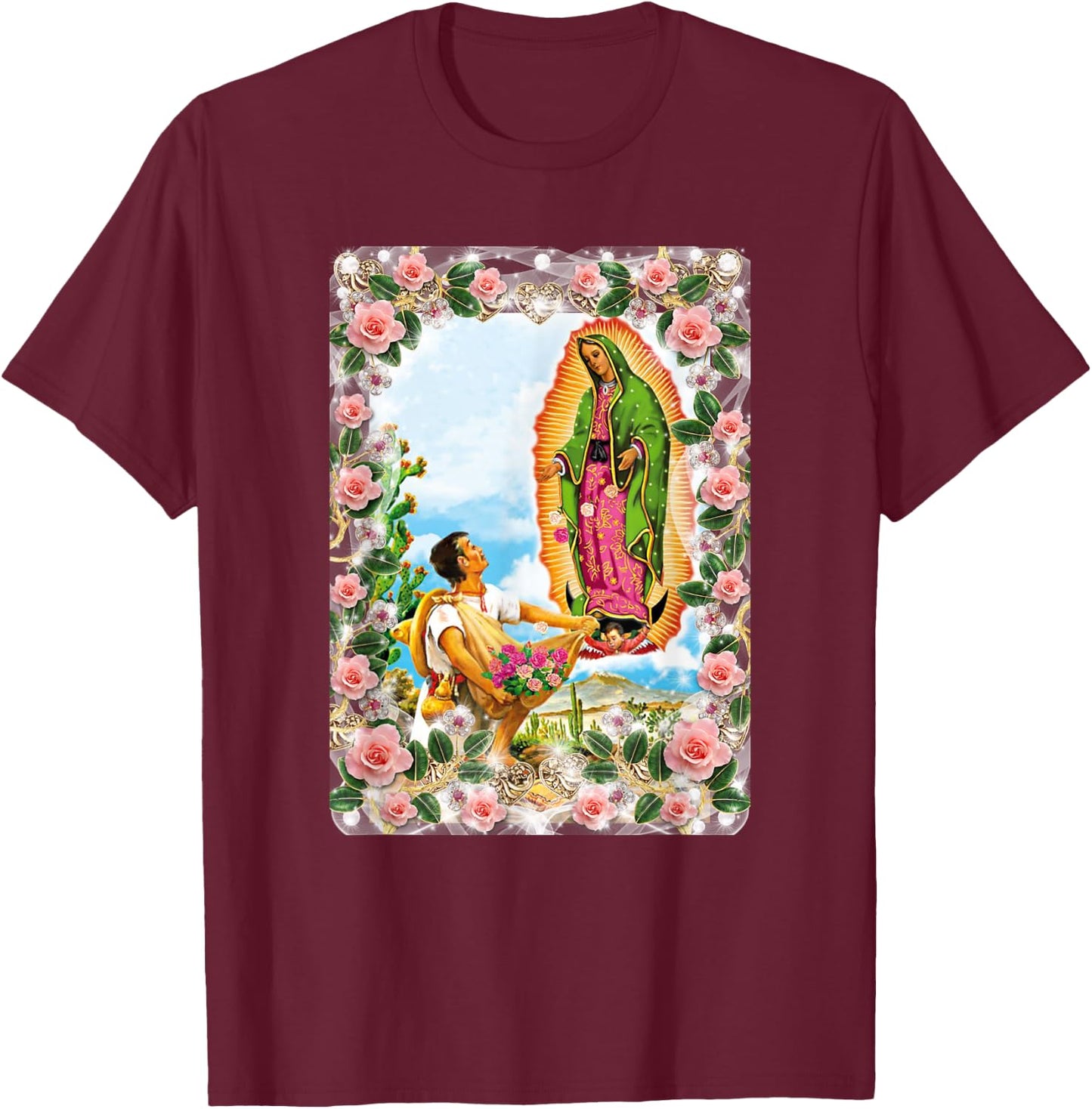 Our Lady of Guadalupe Virgin Mary Catholic Beautiful Roses T-Shirt - T-Shirt | Maroon