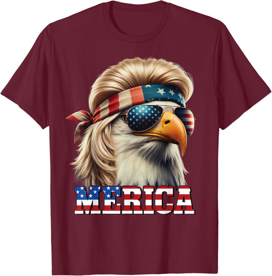Funny Eagle Merica 4th July Blonde Wig Mullet Man T-Shirt - T-Shirt | Maroon