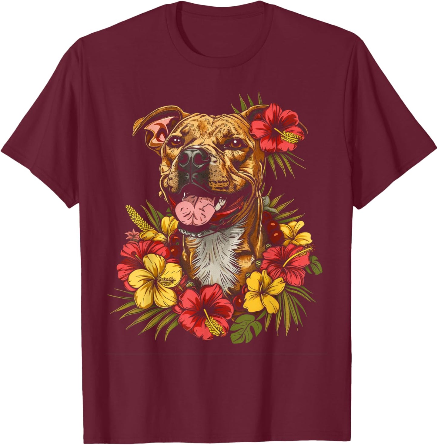 Pitbull Hawaiian Flowers Hibiscus Hula Hawaii Dog T-Shirt - T-Shirt | Maroon