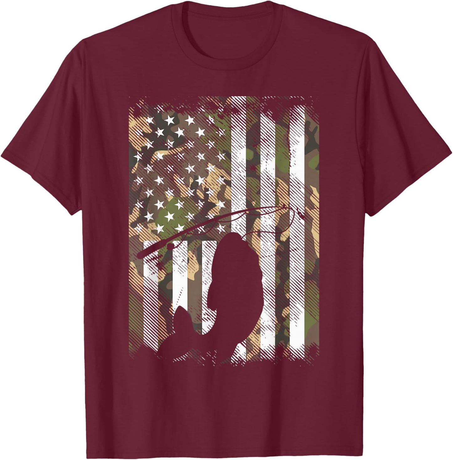 Camo American Flag Fish Fishing Patriotic Fisherman Gift T-Shirt - T-Shirt | Maroon