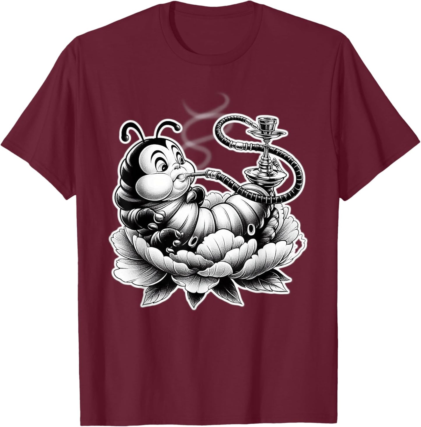 Caterpillar Smoking Hookah on Flower Blackwork T-Shirt - T-Shirt | Maroon