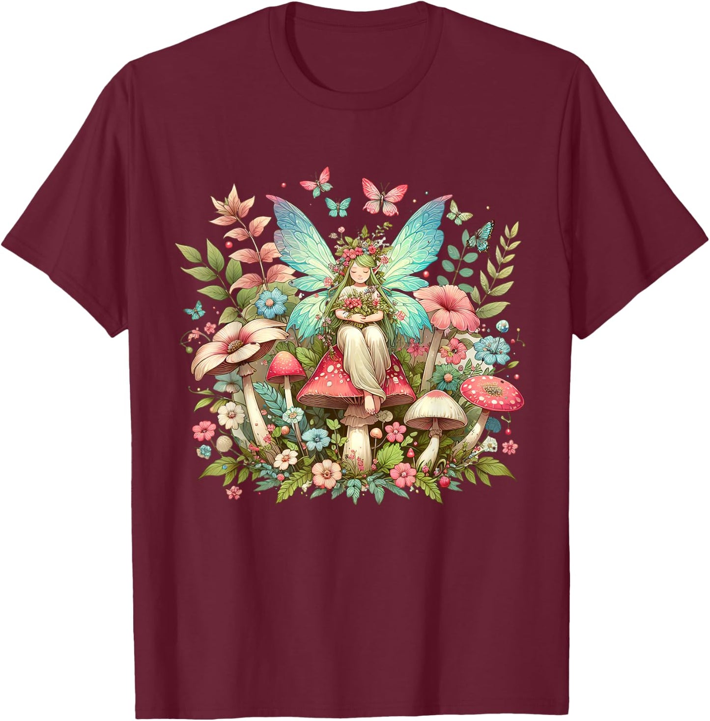 Enchanted Forest Fairy Fantasy Mystical Butterfly & Floral T-Shirt - T-Shirt | Maroon