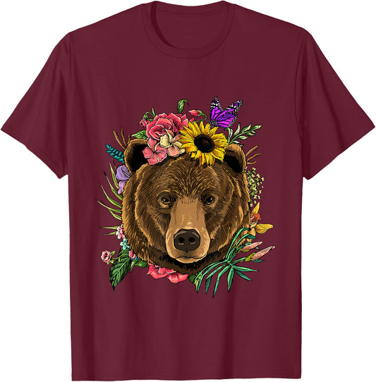 Bear Shirt Nature Floral Grizzly Bear Face Animal Bear Lover T-Shirt - T-Shirt | Maroon