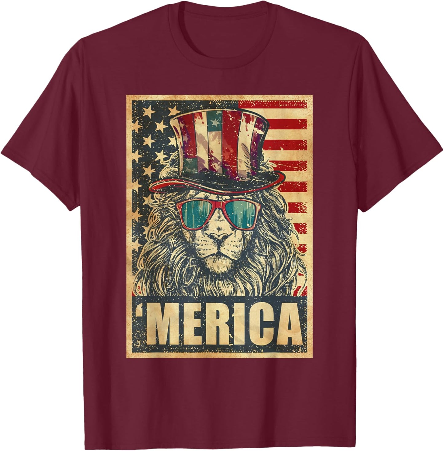 Lion Merica Vintage American Flag 4th Of July T-Shirt - T-Shirt | Maroon