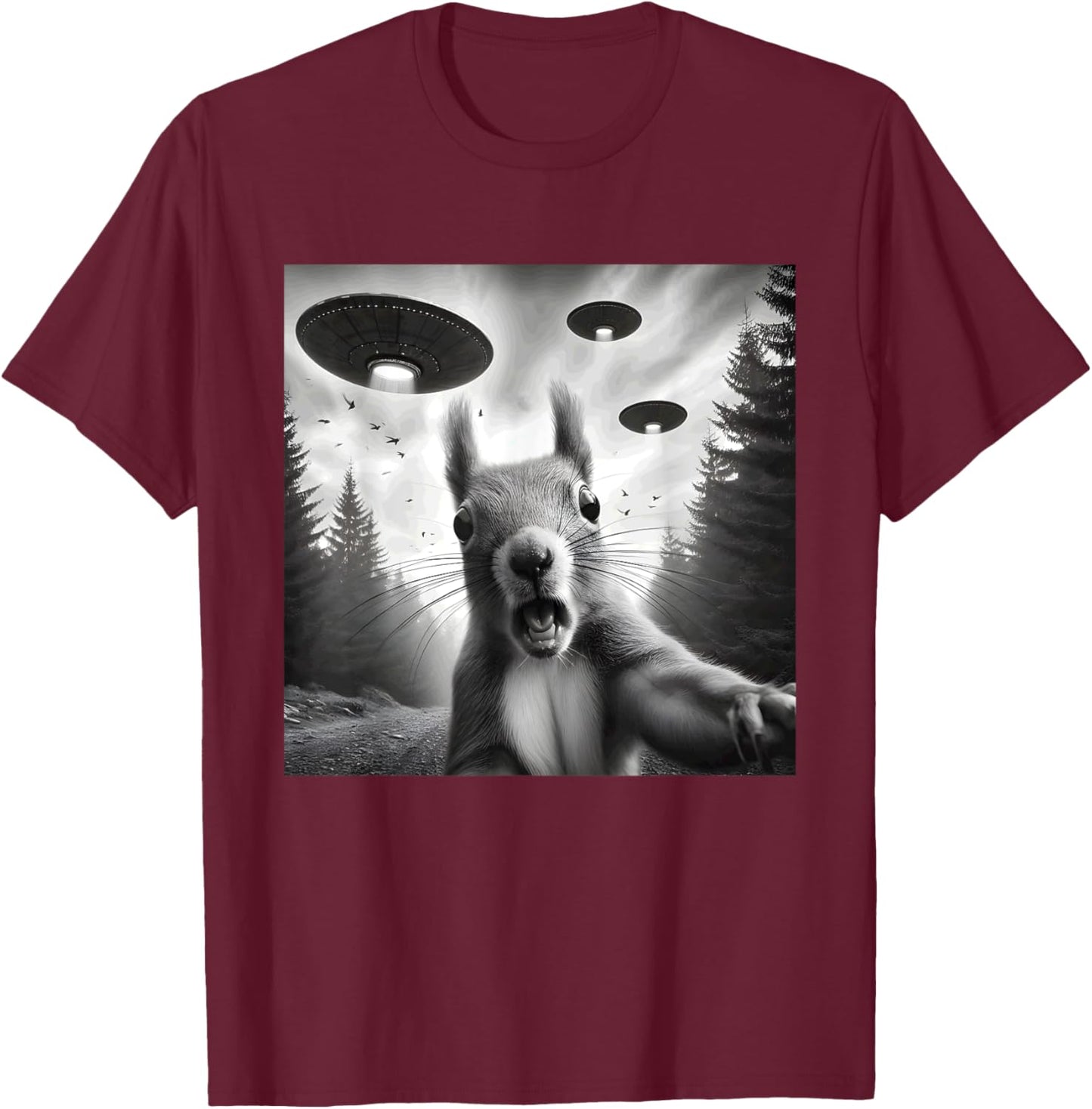 Squirrel Sci-Fi Funny Graphic Selfie with UFOs Weird Aliens T-Shirt - T-Shirt | Maroon