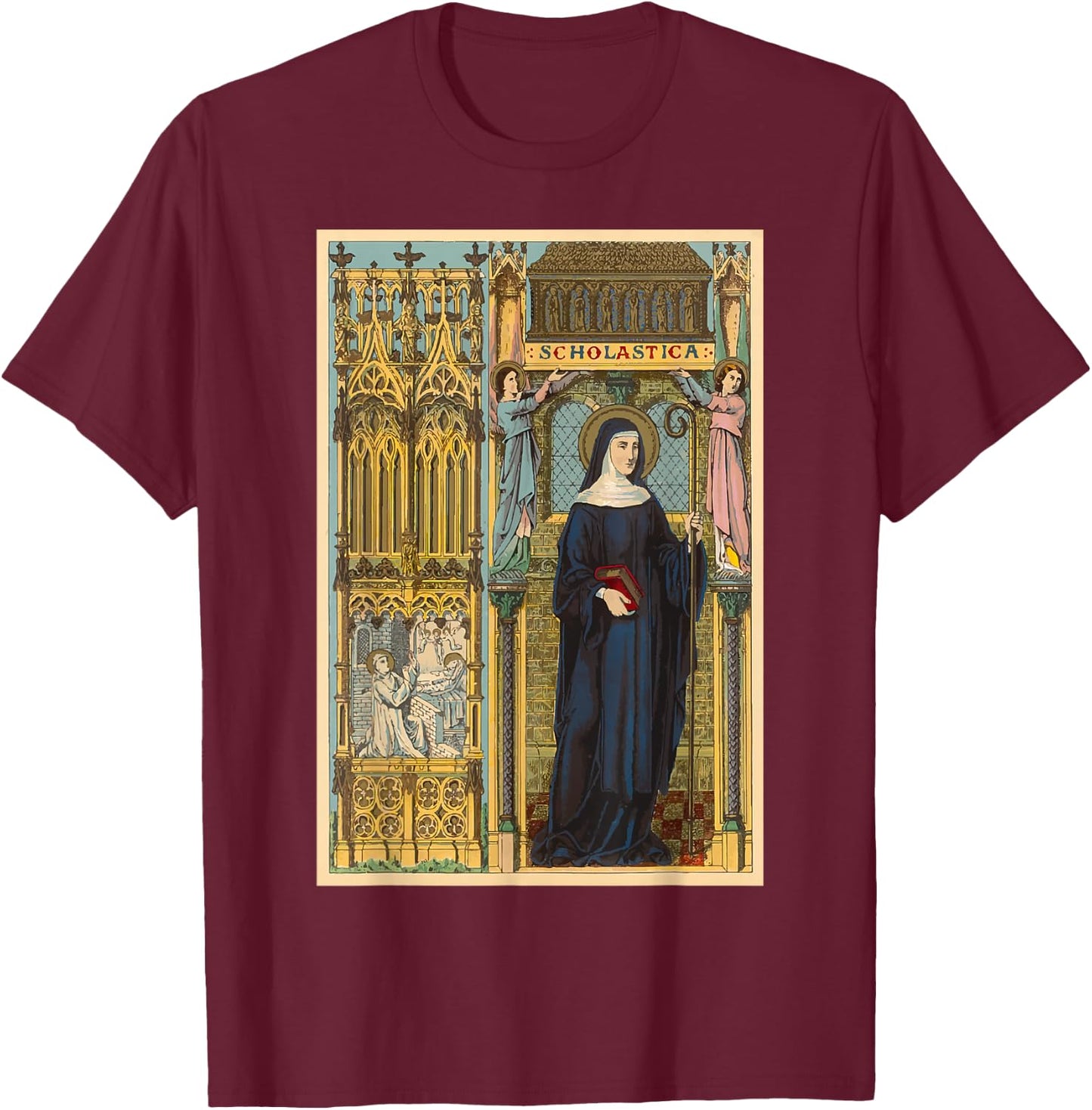 St. Scholastica Benedict Catholic Saints Benedictines T-Shirt - T-Shirt | Maroon