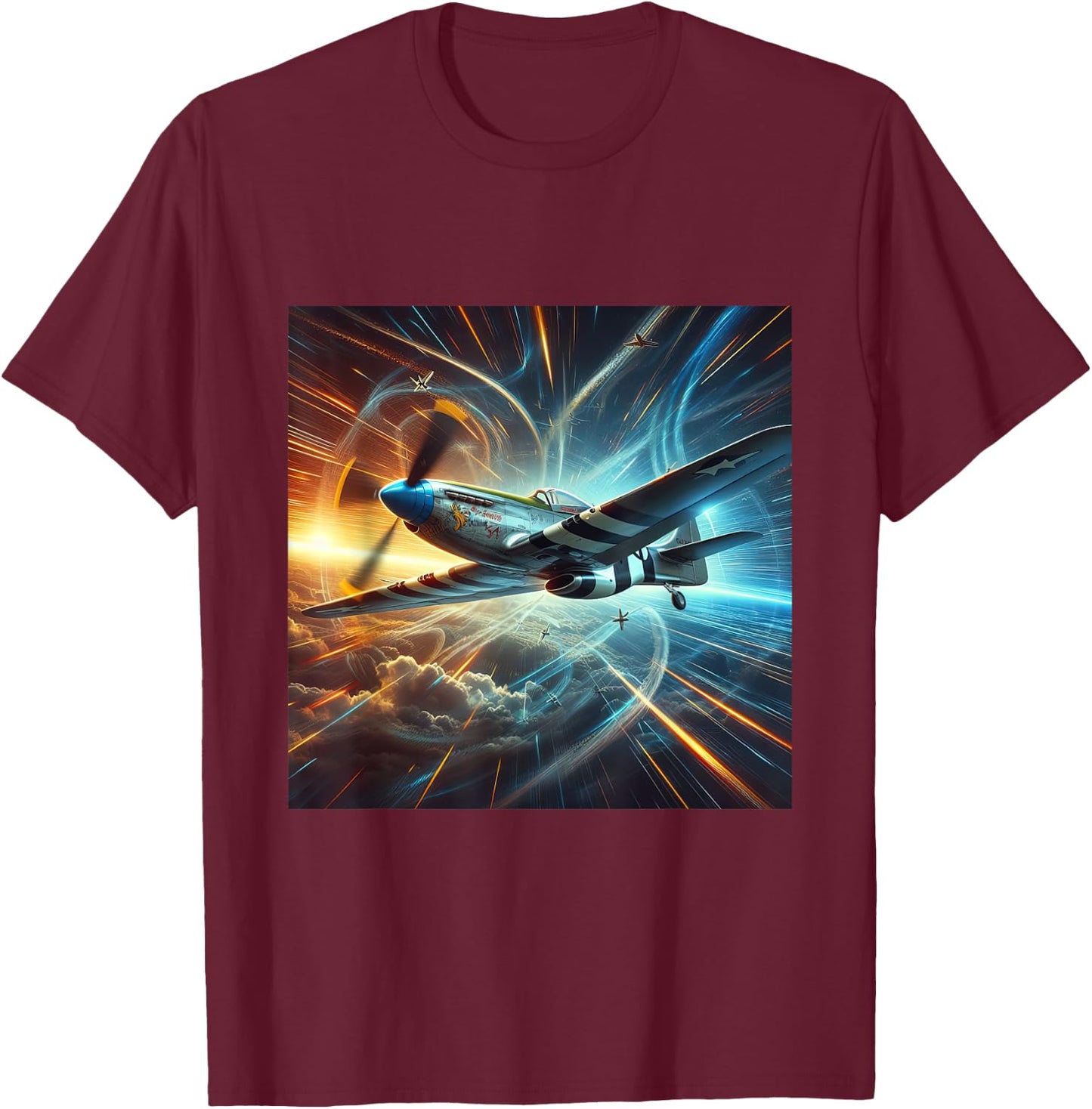 WWII Warbirds | P-51 Mustang in Dynamic Flight in the Sky T-Shirt - T-Shirt | Maroon