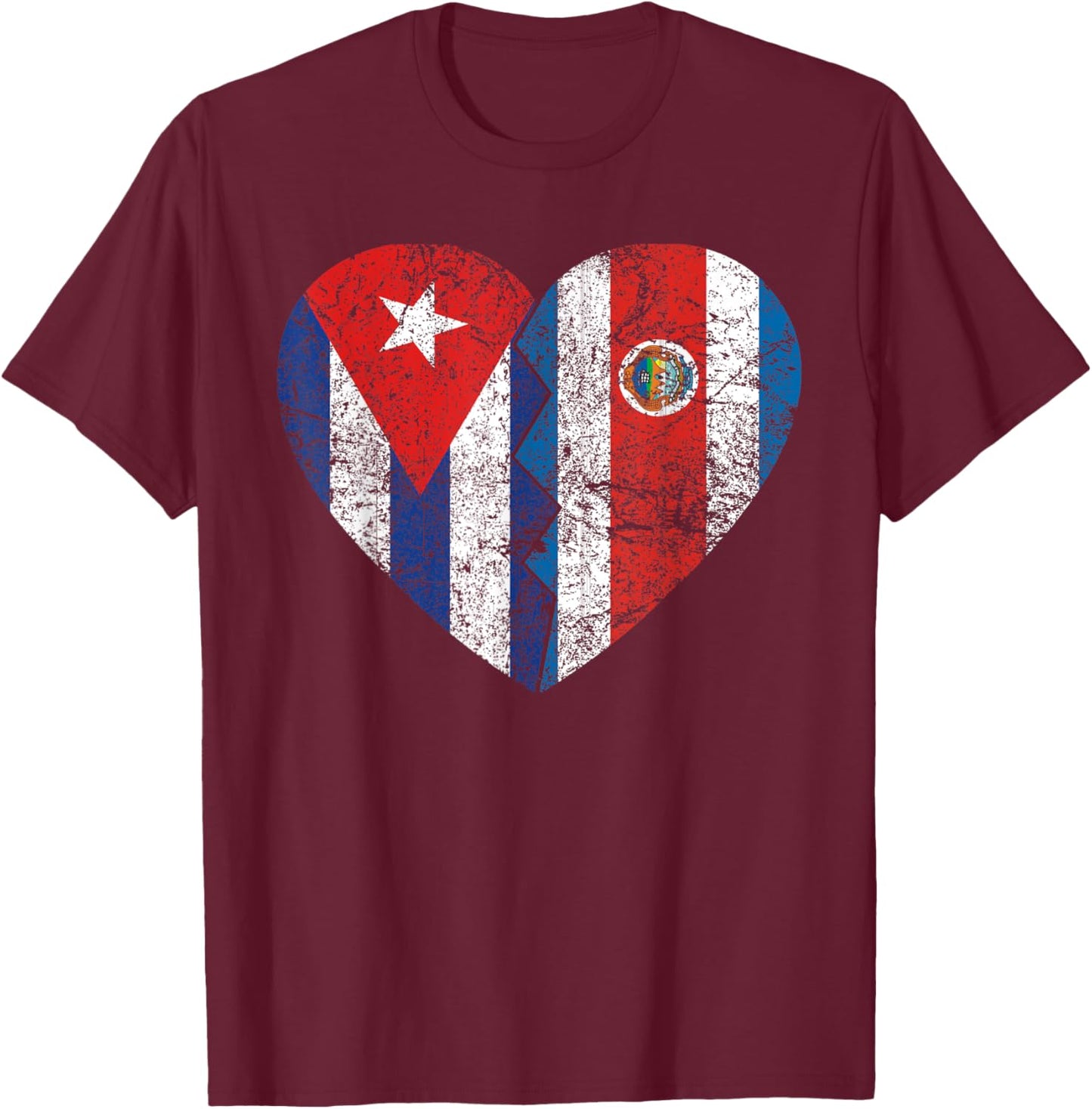 Costa Rican Cuban Flags Heart | Cuba Costa Rica Roots T-Shirt - T-Shirt | Maroon