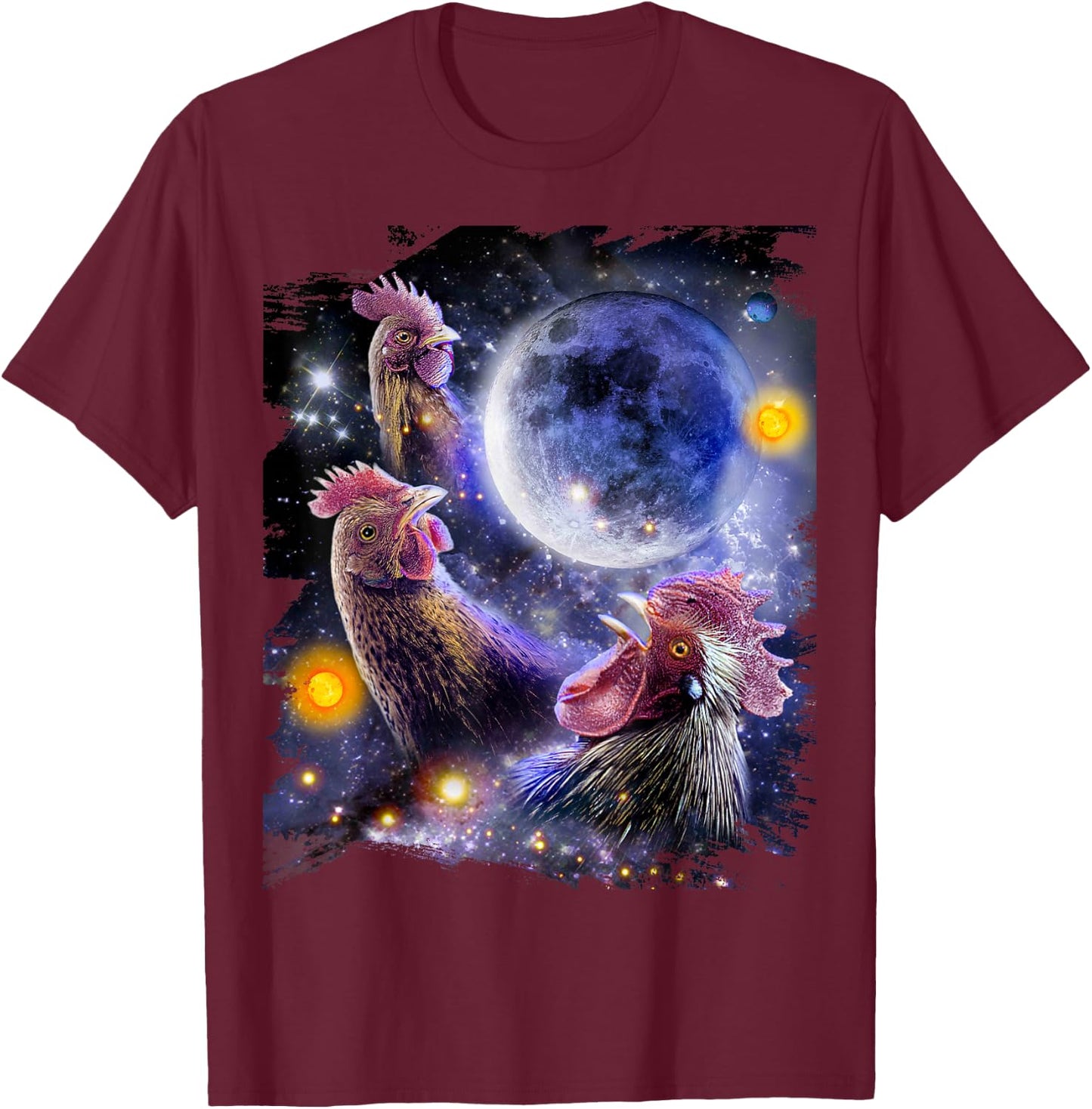 3 Three Chicken Moon, Cosmic Wolf Chickens Howling T-Shirt - T-Shirt | Maroon