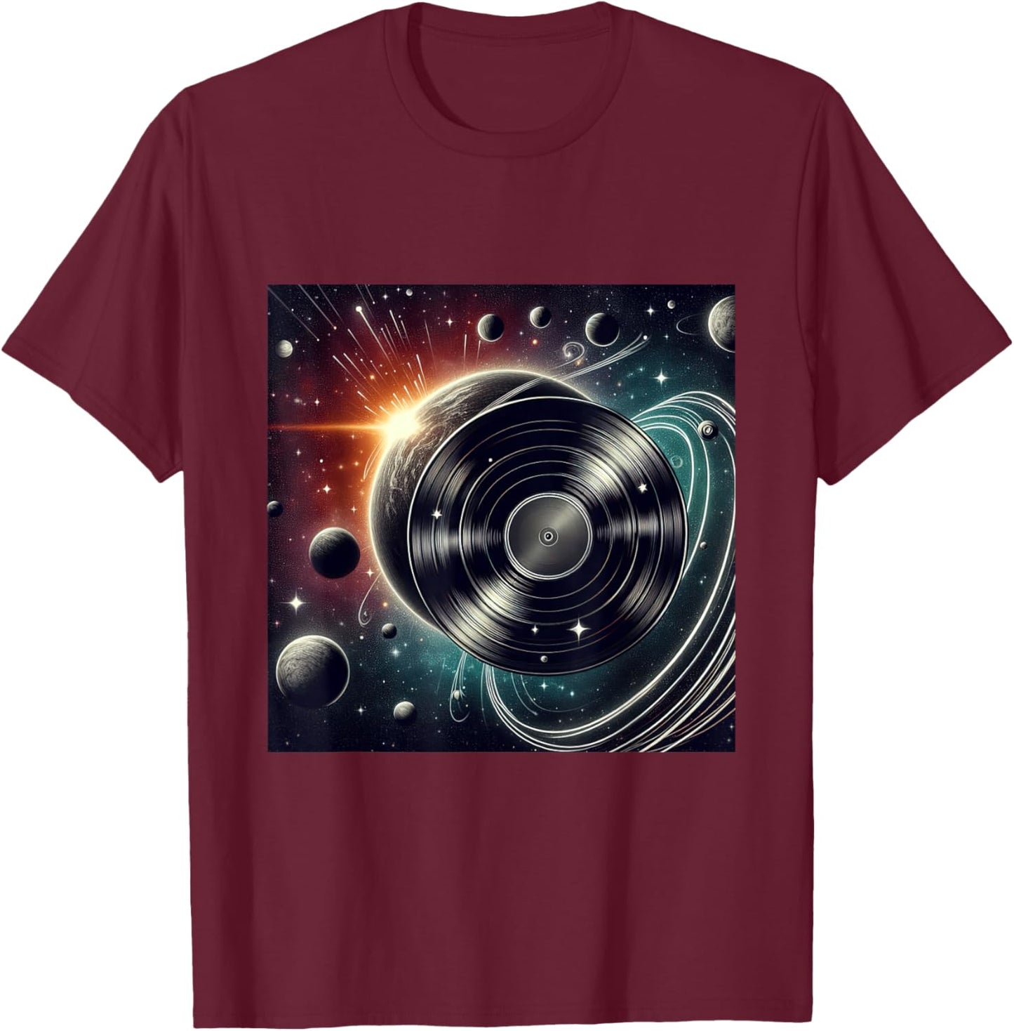 Vinyl Record Orbiting Through Space Cosmic Impact T-Shirt - T-Shirt | Maroon