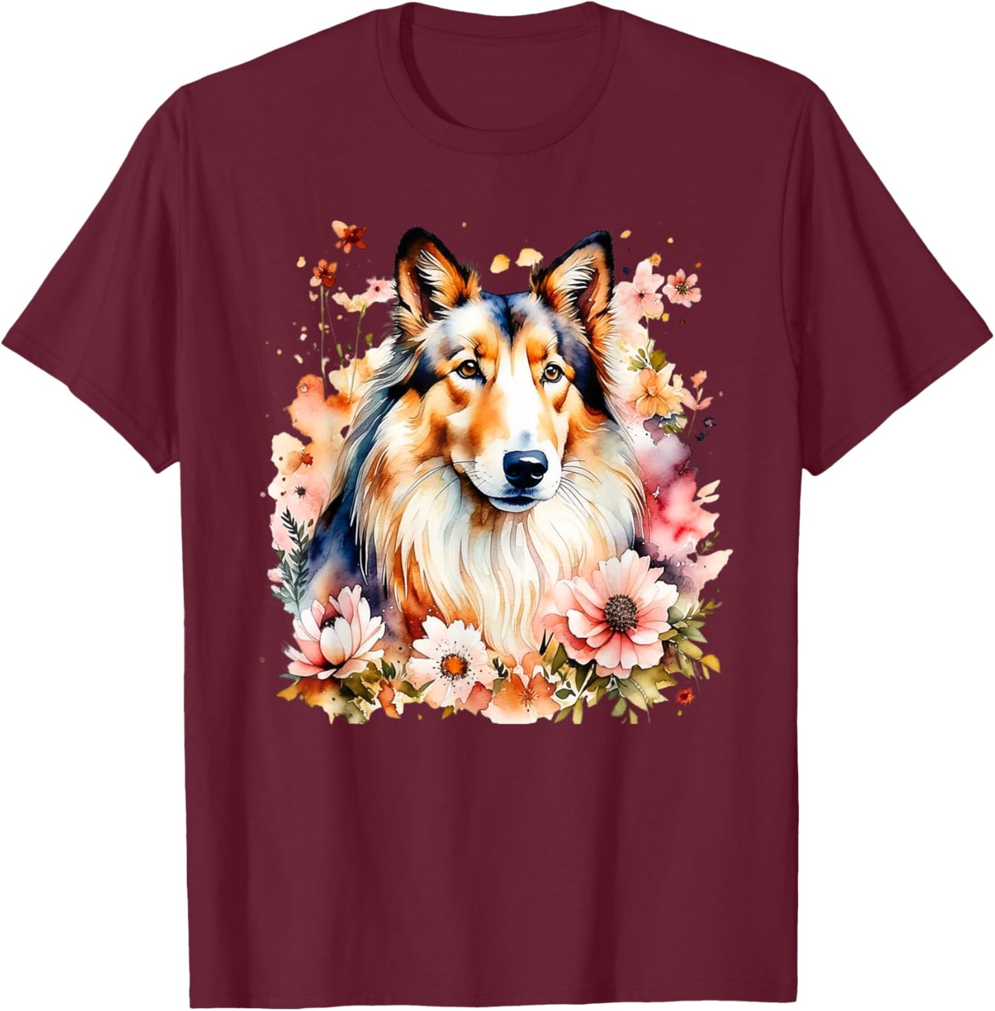 Rough Collie Dog Mama Mom Mum Doggy Mommy Watercolor Flower T-Shirt - T-Shirt | Maroon