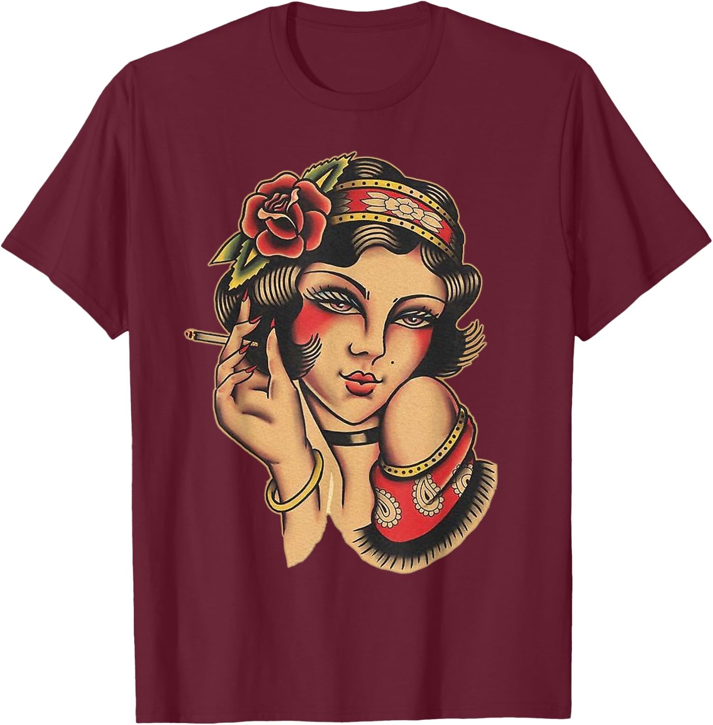 Pin-up Girl Traditional Tattoo Flash T-Shirt - T-Shirt | Maroon