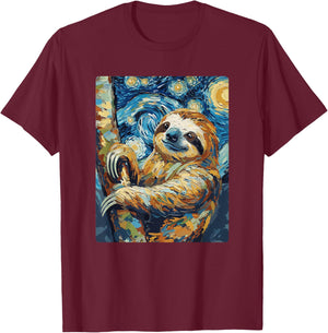 Art Funny Sloth Painting Artist Starry Night T-Shirt - T-Shirt | Maroon