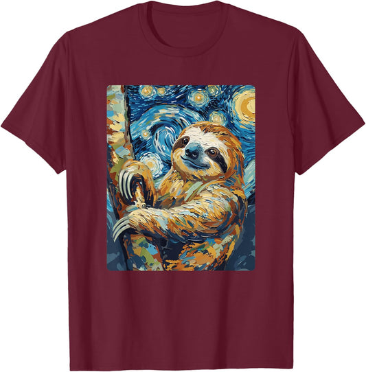 Art Funny Sloth Painting Artist Starry Night T-Shirt - T-Shirt | Maroon