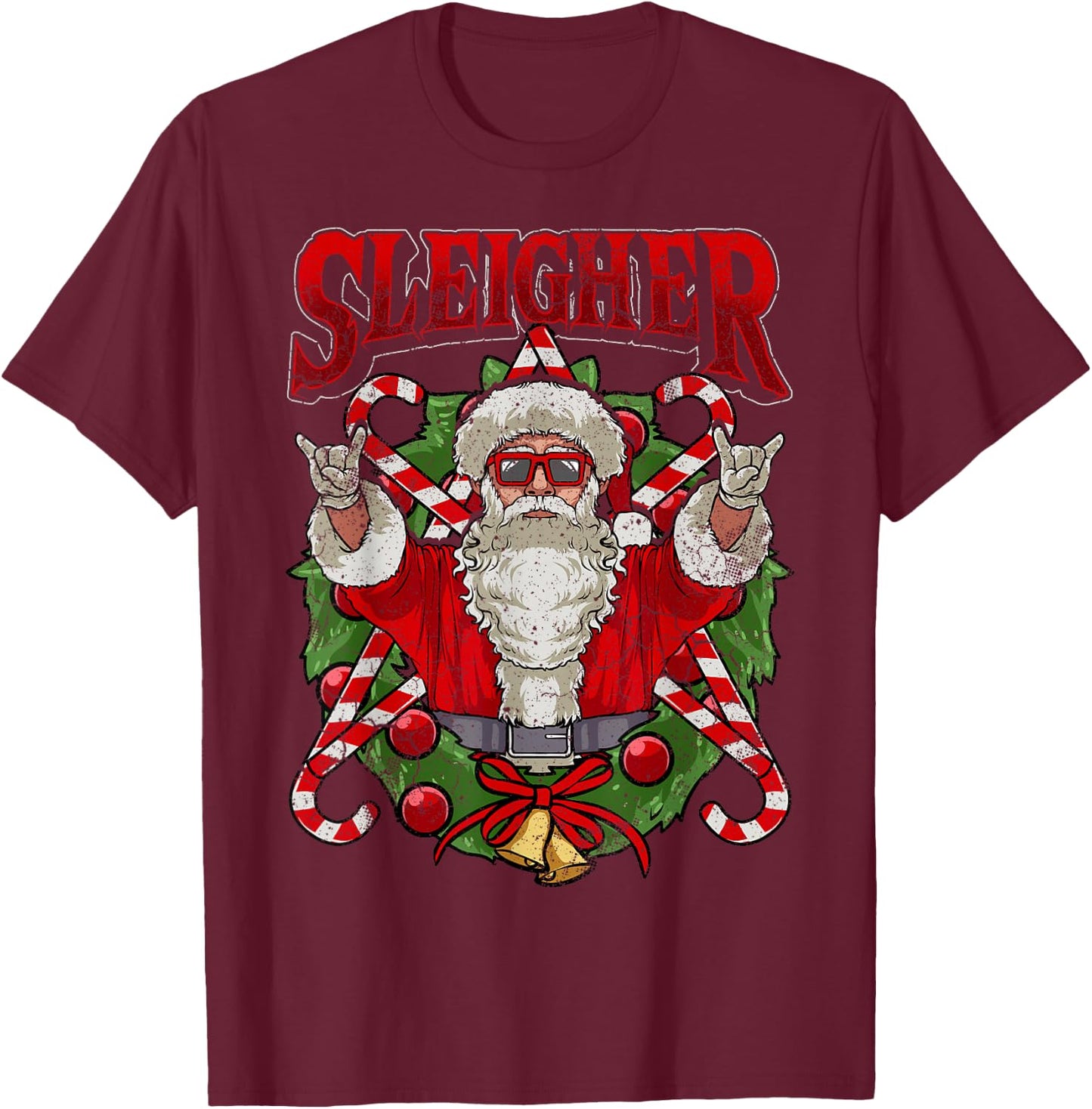Sleigher Christmas Santa Claus Rock Metal Music Men Dad Teen T-Shirt - T-Shirt | Maroon