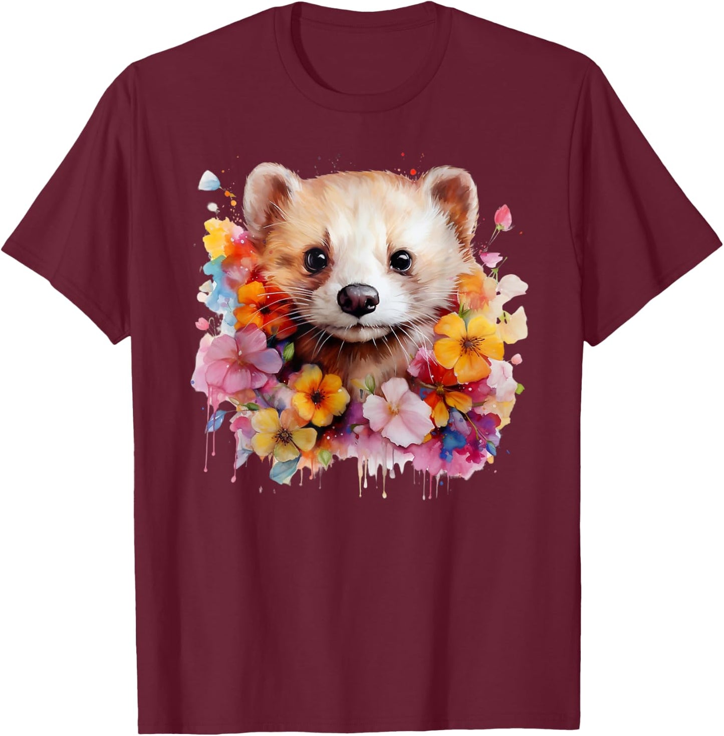 Pet Ferret Nature Portrait Artistic Watercolor Ferret Mom T-Shirt - T-Shirt | Maroon