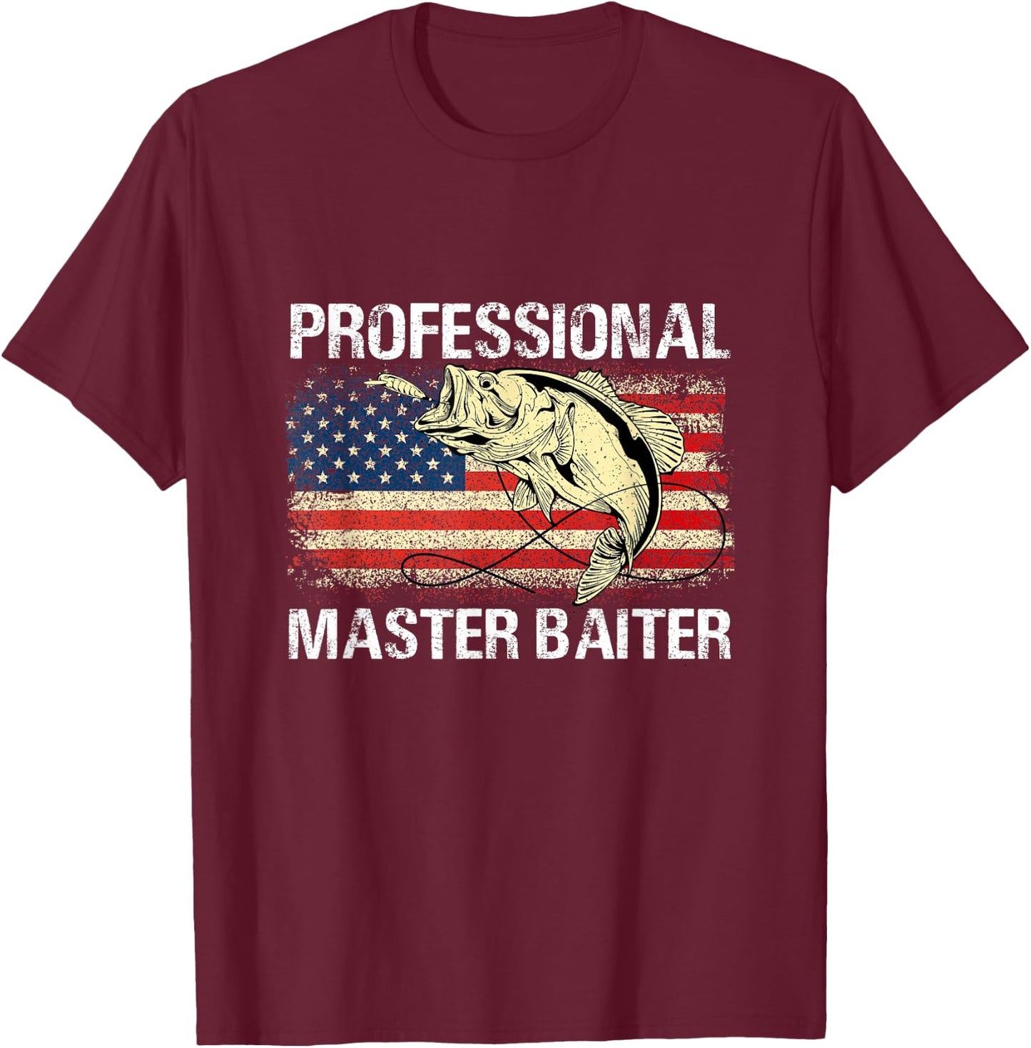 Professional Master Baiter Retro American Flag Funny Fishing T-Shirt - T-Shirt | Maroon