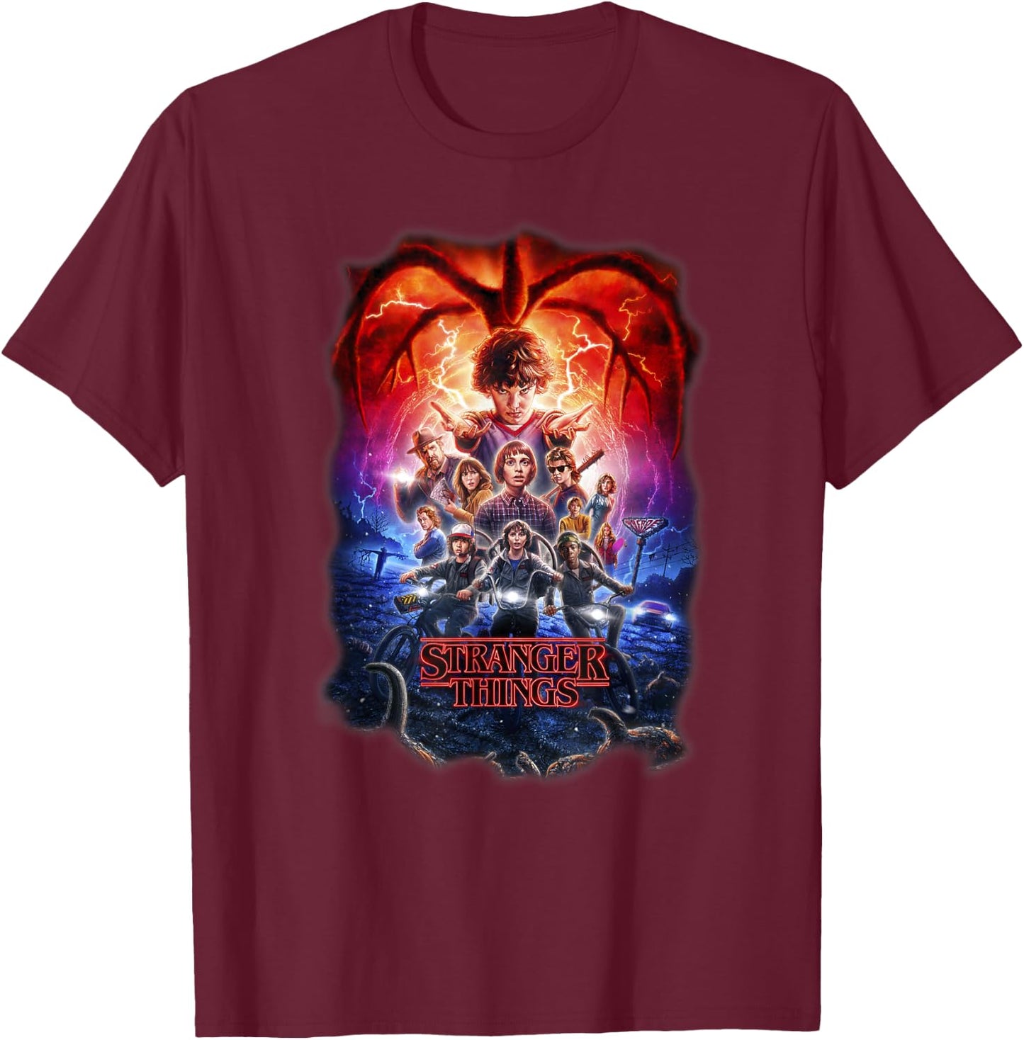Stranger Things Group Shot Poster Fade T-Shirt - T-Shirt | Maroon