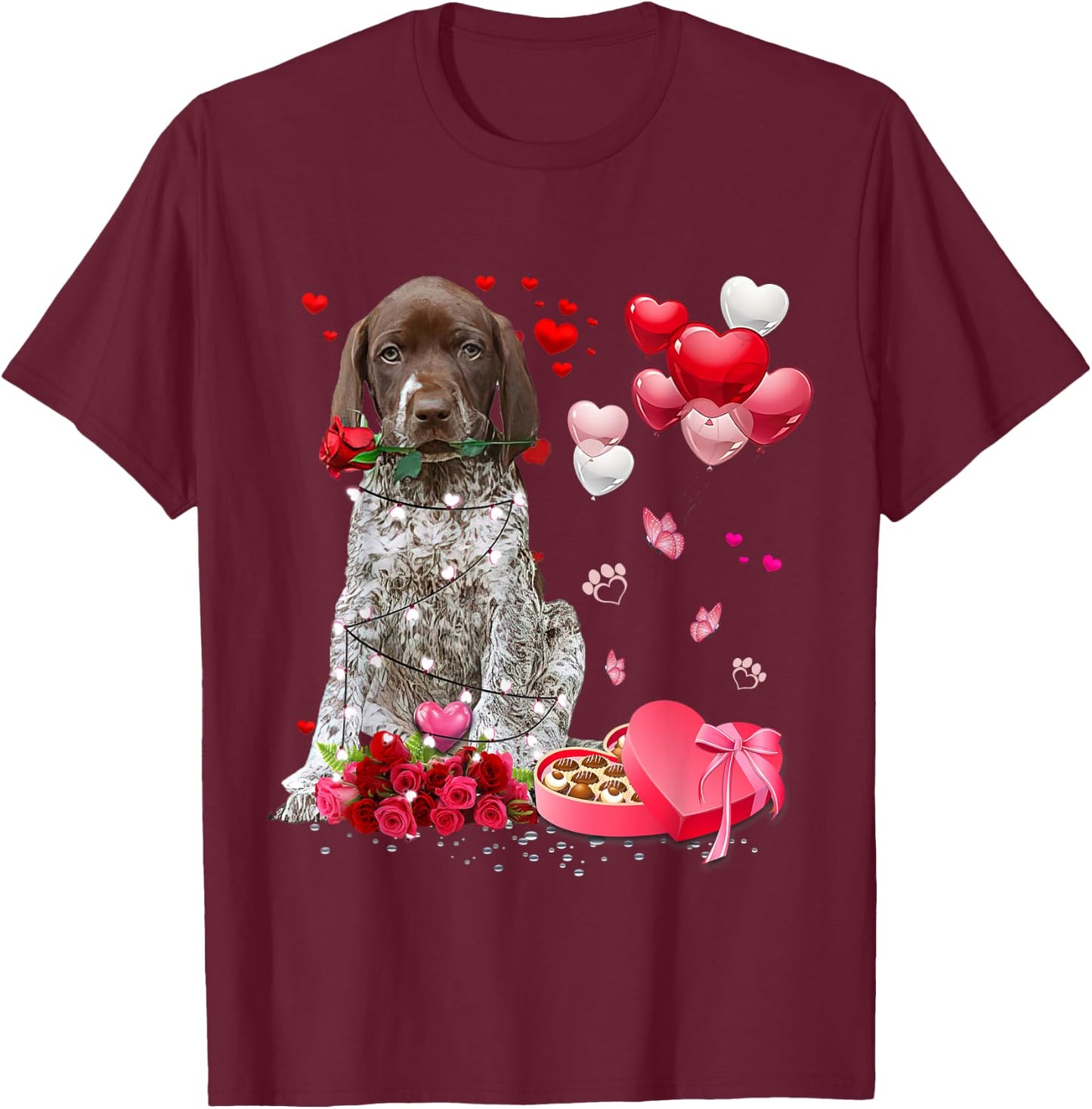 Funny German Shorthaired Pointer Rose Heart Happy Valentine T-Shirt - T-Shirt | Maroon