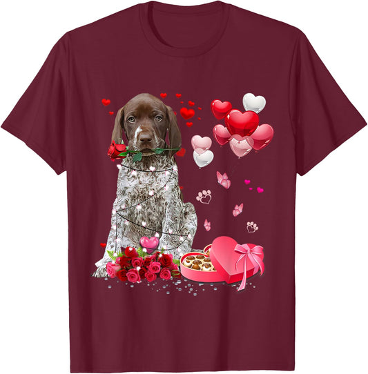 Funny German Shorthaired Pointer Rose Heart Happy Valentine T-Shirt - T-Shirt | Maroon