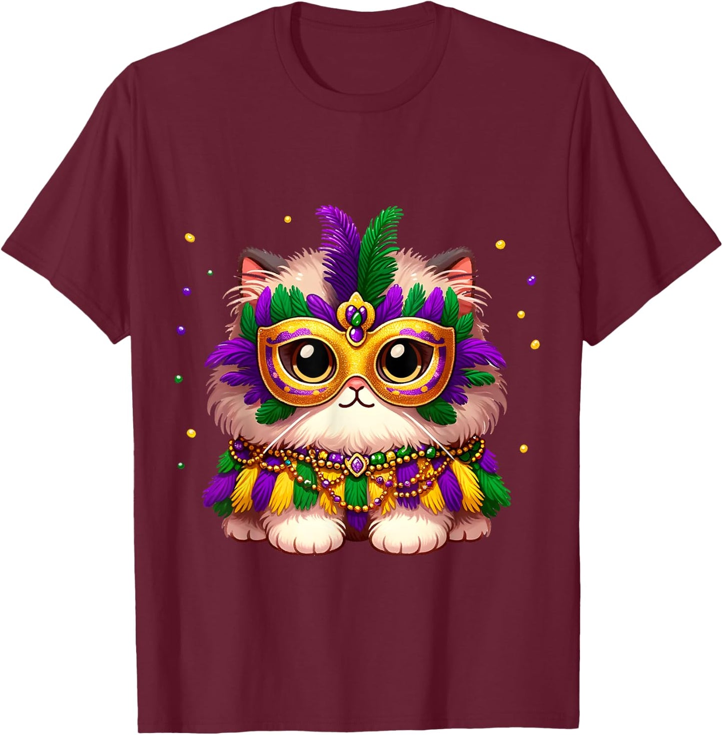 Carnival NOLA Party Fluffy Pet Cat Mardi Gras Costume Masquerade Men Women Kids T-Shirt - T-Shirt | Maroon