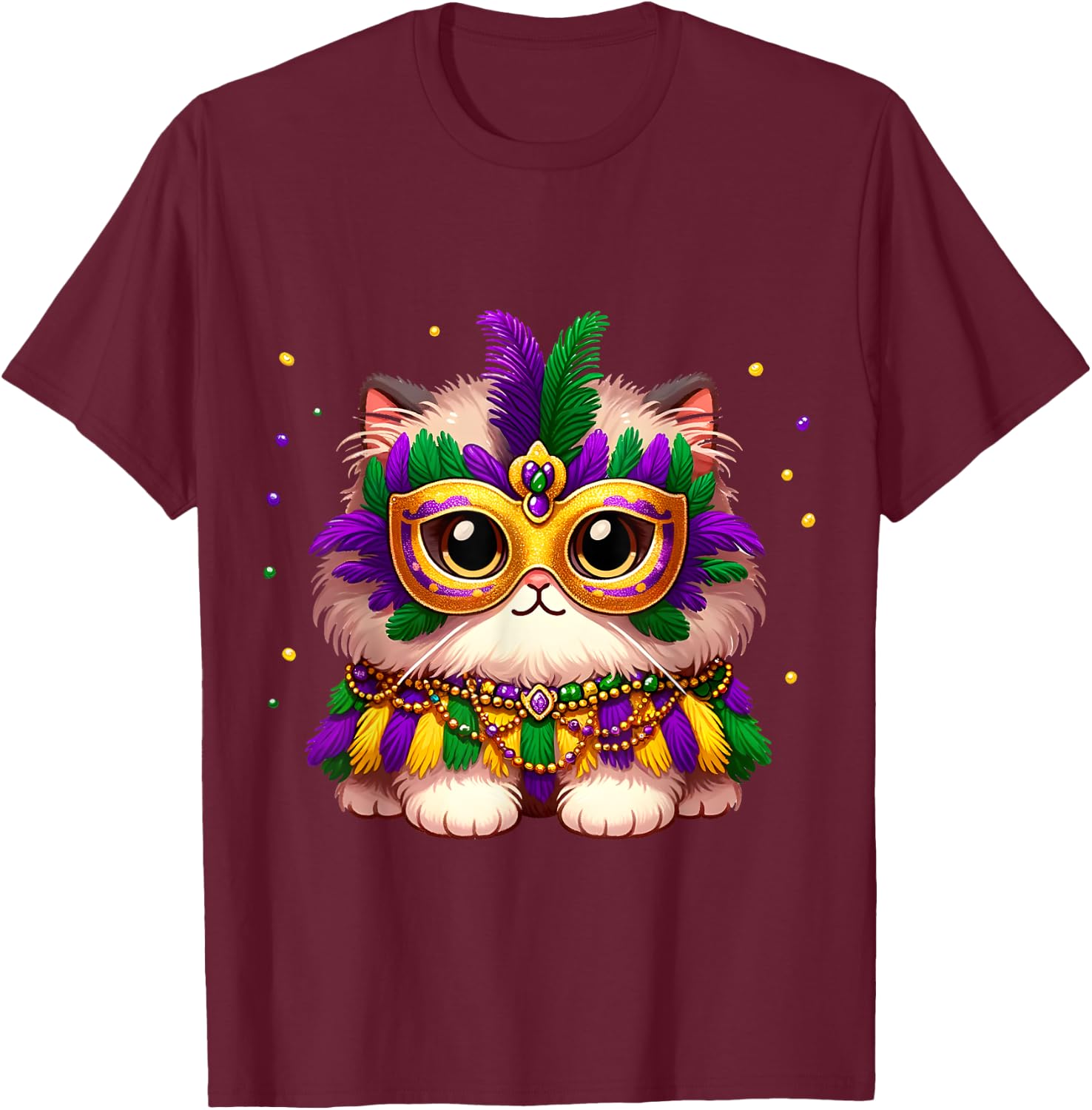 Carnival NOLA Party Fluffy Pet Cat Mardi Gras Costume Masquerade Men Women Kids T-Shirt - T-Shirt | Maroon