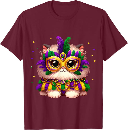 Carnival NOLA Party Fluffy Pet Cat Mardi Gras Costume Masquerade Men Women Kids T-Shirt - T-Shirt | Maroon