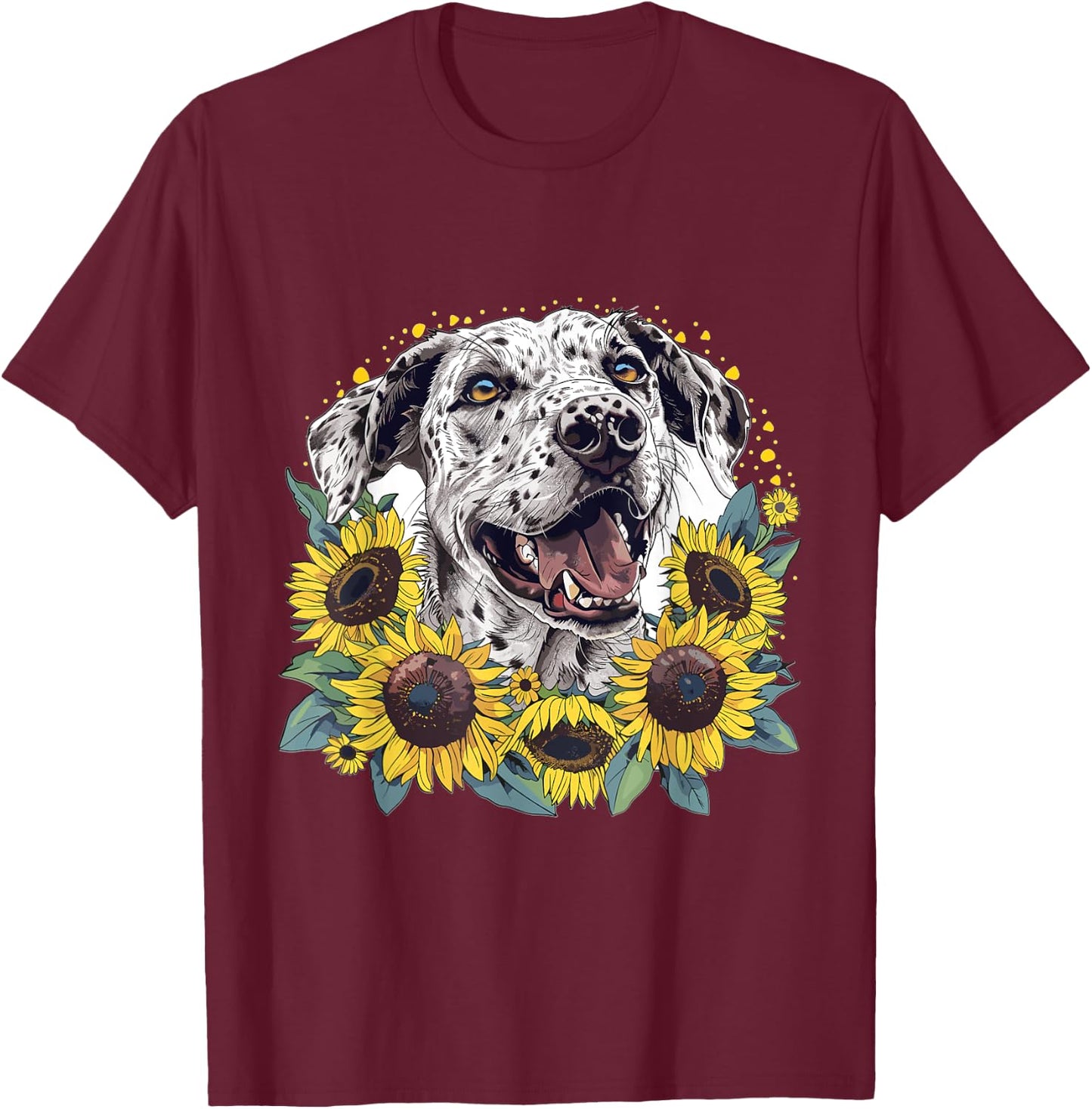Catahoula Leopard Dog Dog Breed Graphic Sunflowers Men Women Kids T-Shirt - T-Shirt | Maroon