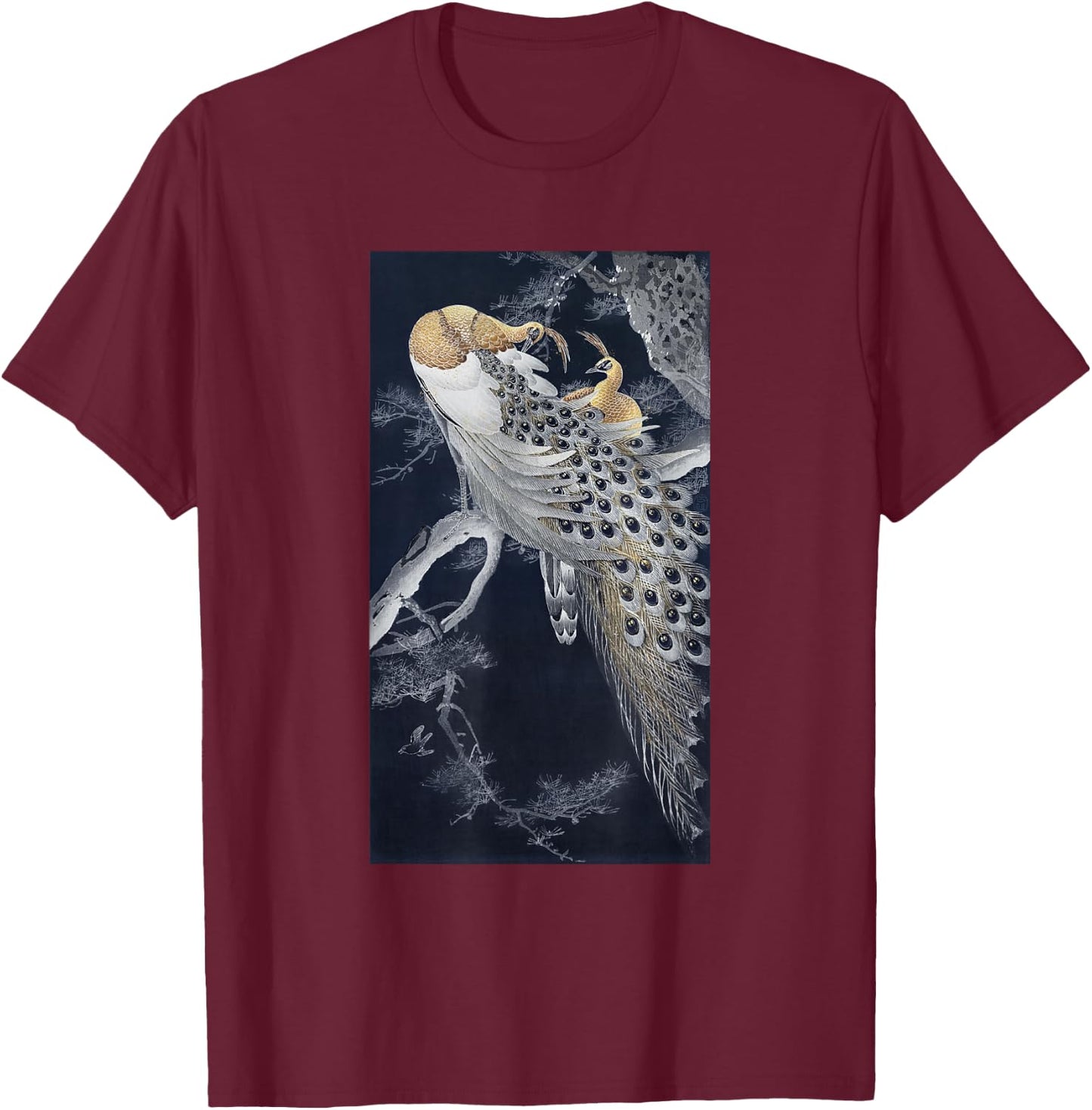 Vintage Japanese Art Two Peacocks in a Tree by Ohara Koson T-Shirt - T-Shirt | Maroon