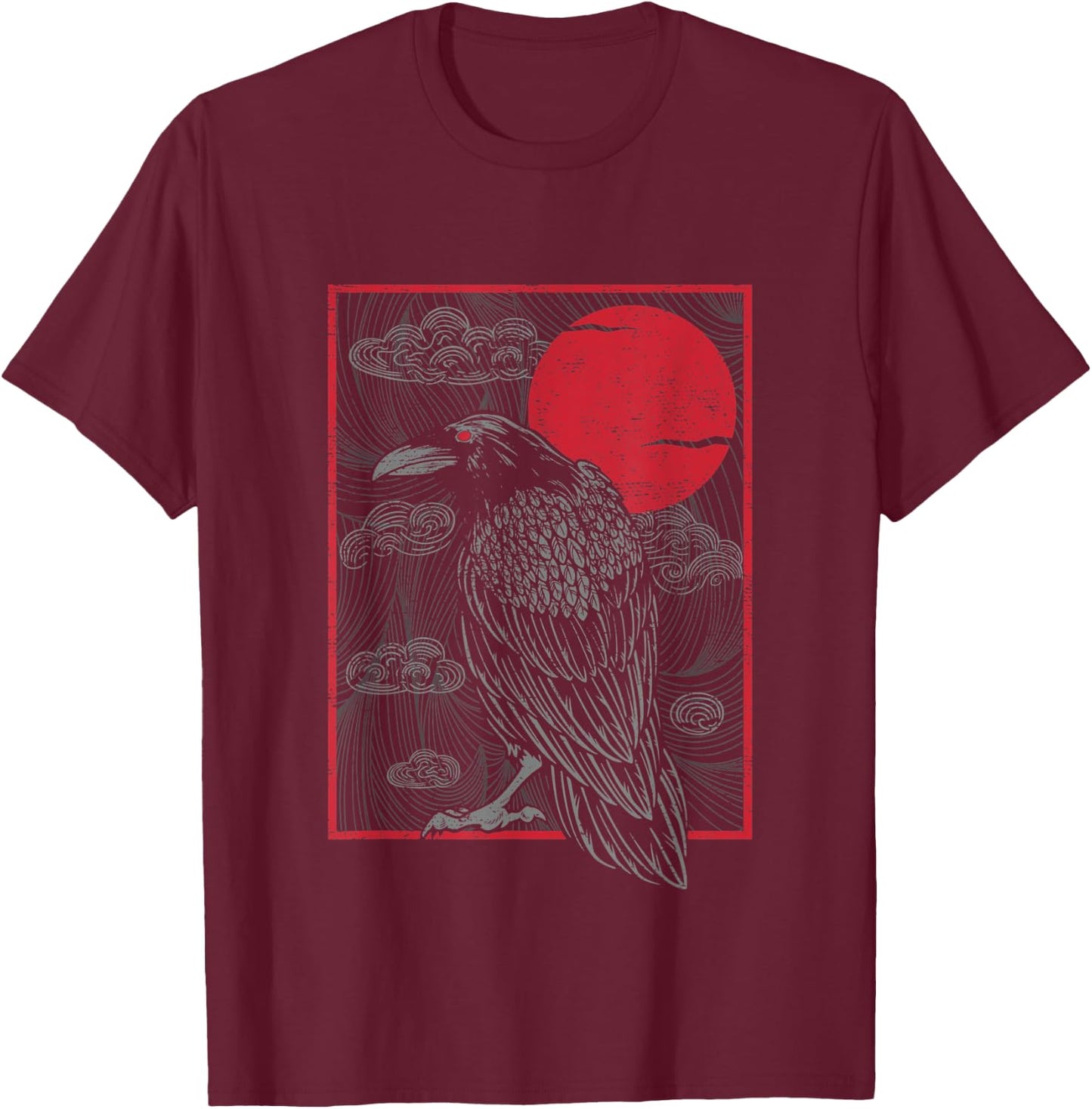 Japanese Red Moon Raven Gothic Style Black Crow Graphic T-Shirt - T-Shirt | Maroon