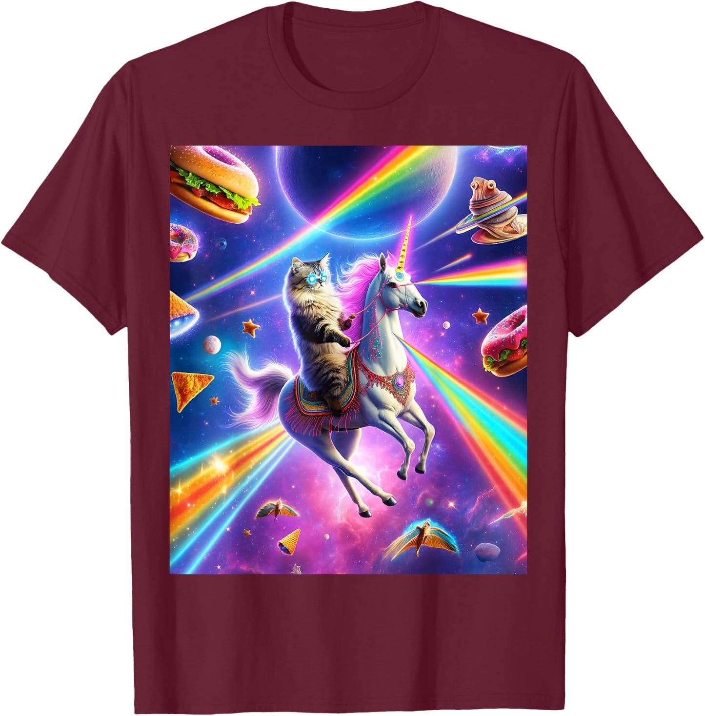 Laser Eyes Outer Space Cat Riding Llama Unicorn Ufo Tacos Men Women T-Shirt - T-Shirt | Maroon