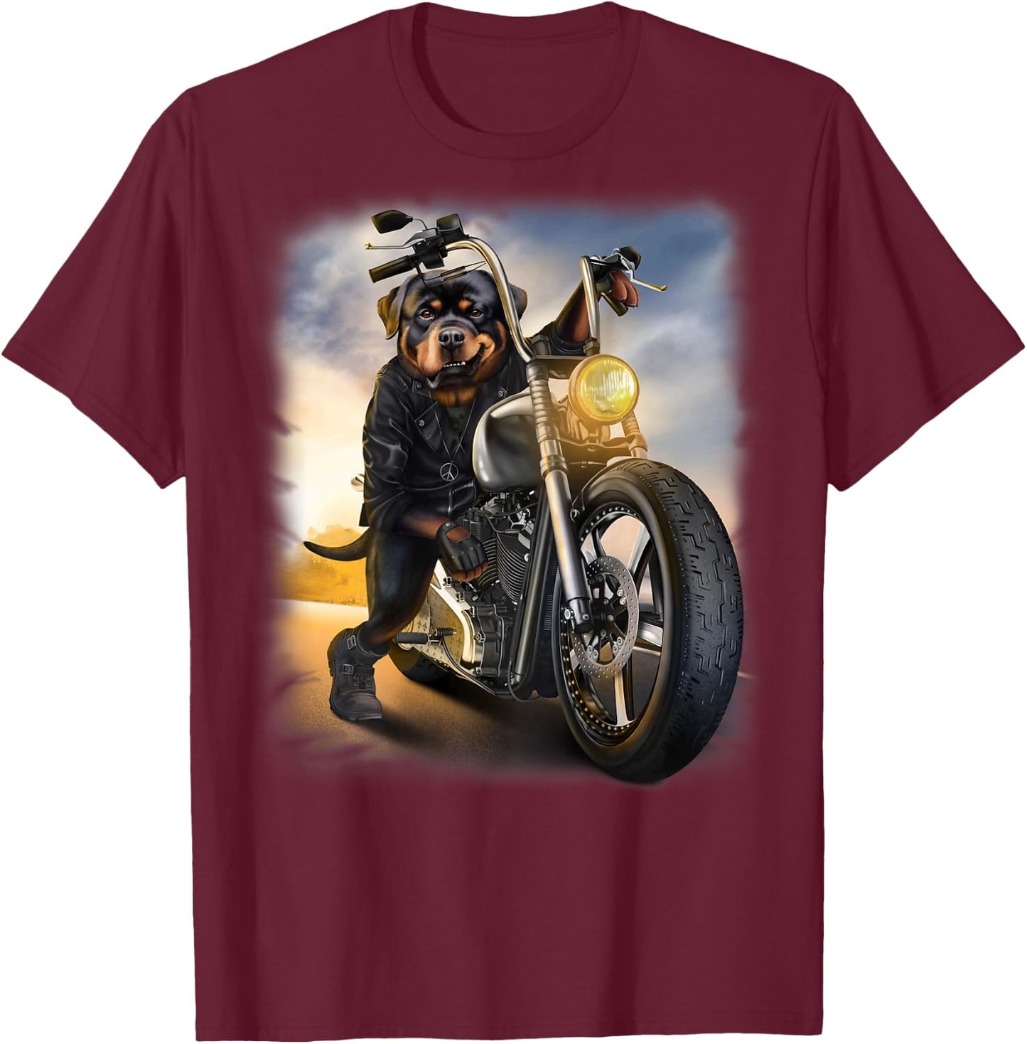Rottweiler Dog Biker Riding Motorcycle at Sunset T-Shirt - T-Shirt | Maroon