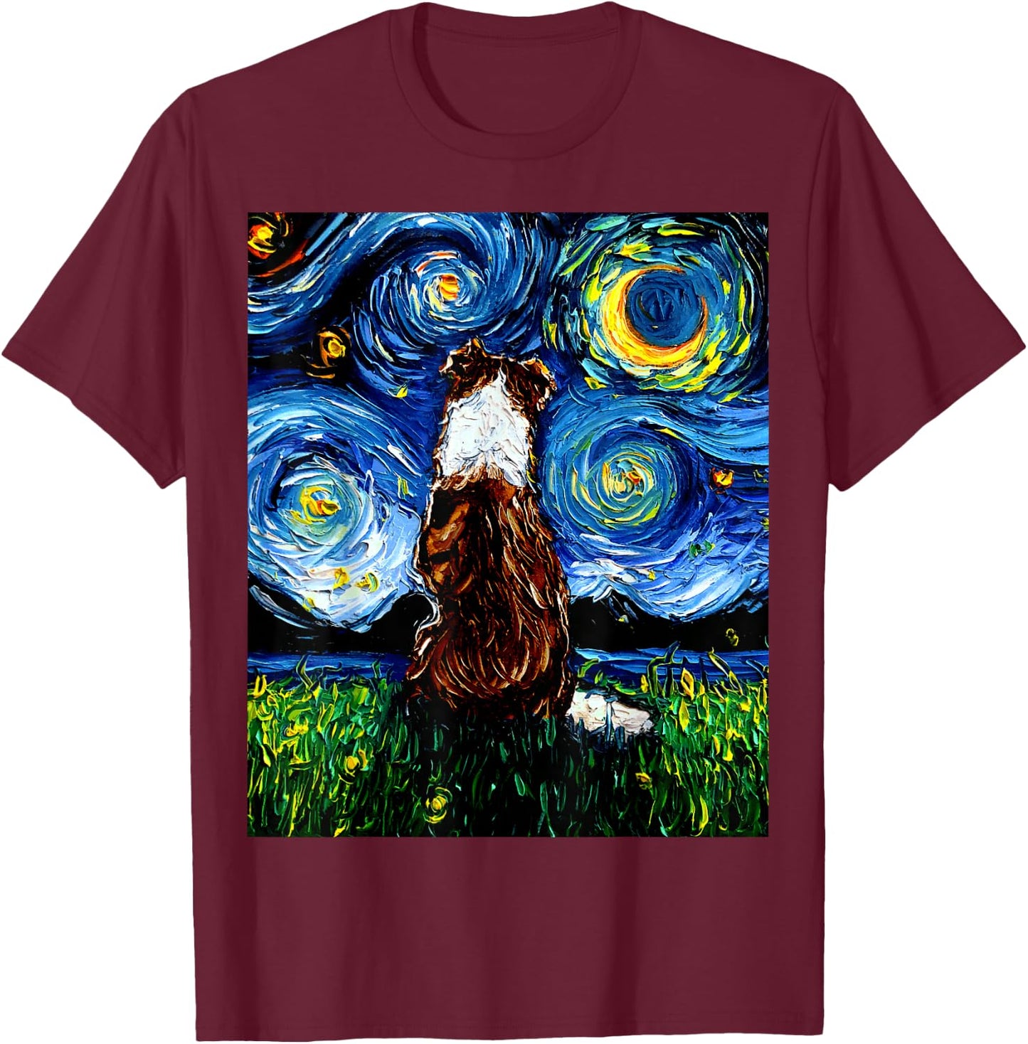 Red Border Collie Starry Night Dog Artwork T-Shirt - T-Shirt | Maroon