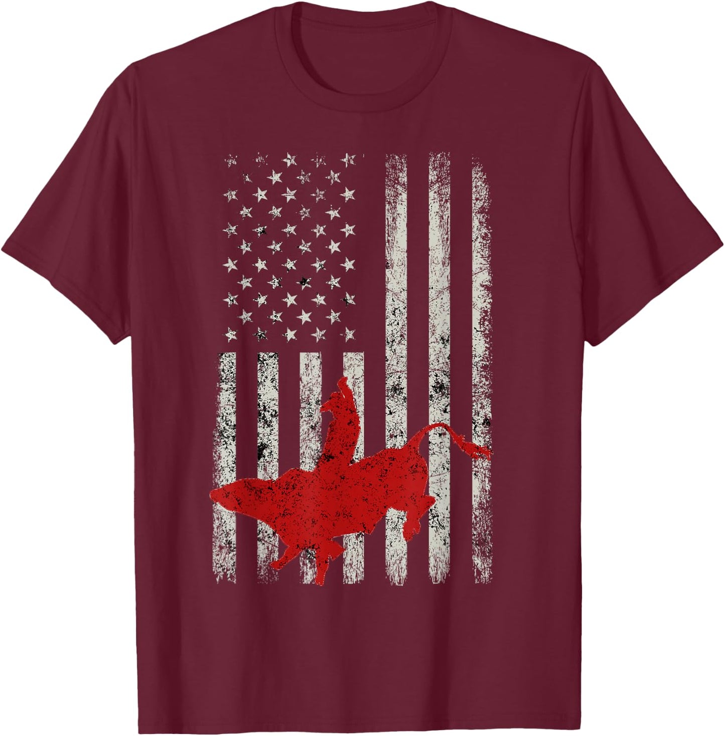American Flag Bull Riding Cowboy Gift Rodeo T-Shirt - T-Shirt | Maroon