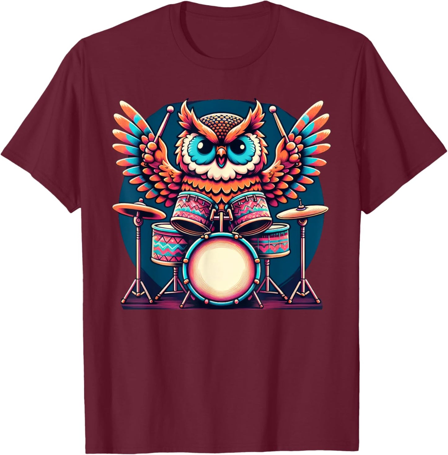 Cute Owl Playing Drums Owls Drummer Music T-Shirt - T-Shirt | Maroon