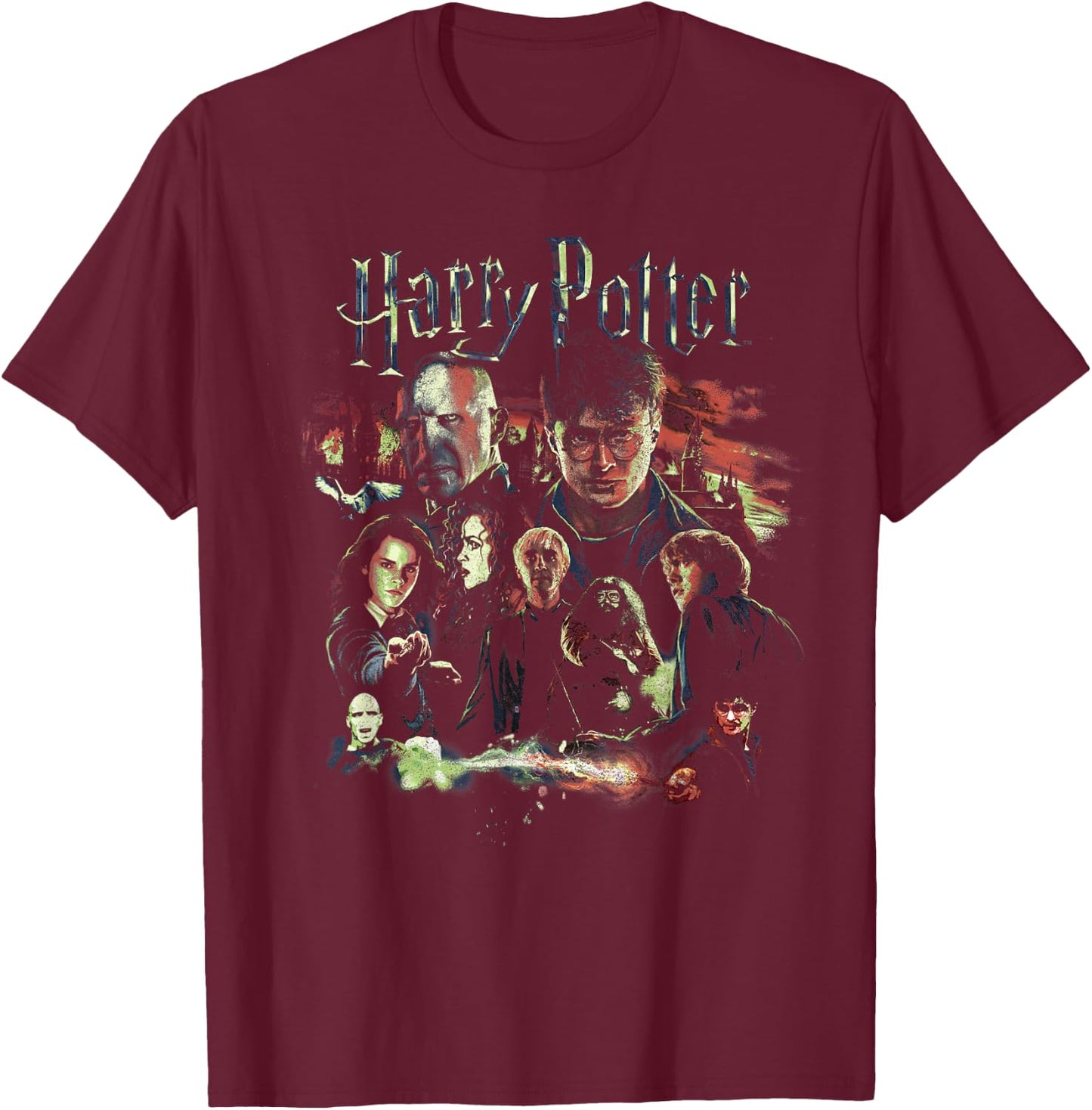 Harry Potter Deathly Hallows Group Shot Portrait T-Shirt - T-Shirt | Maroon