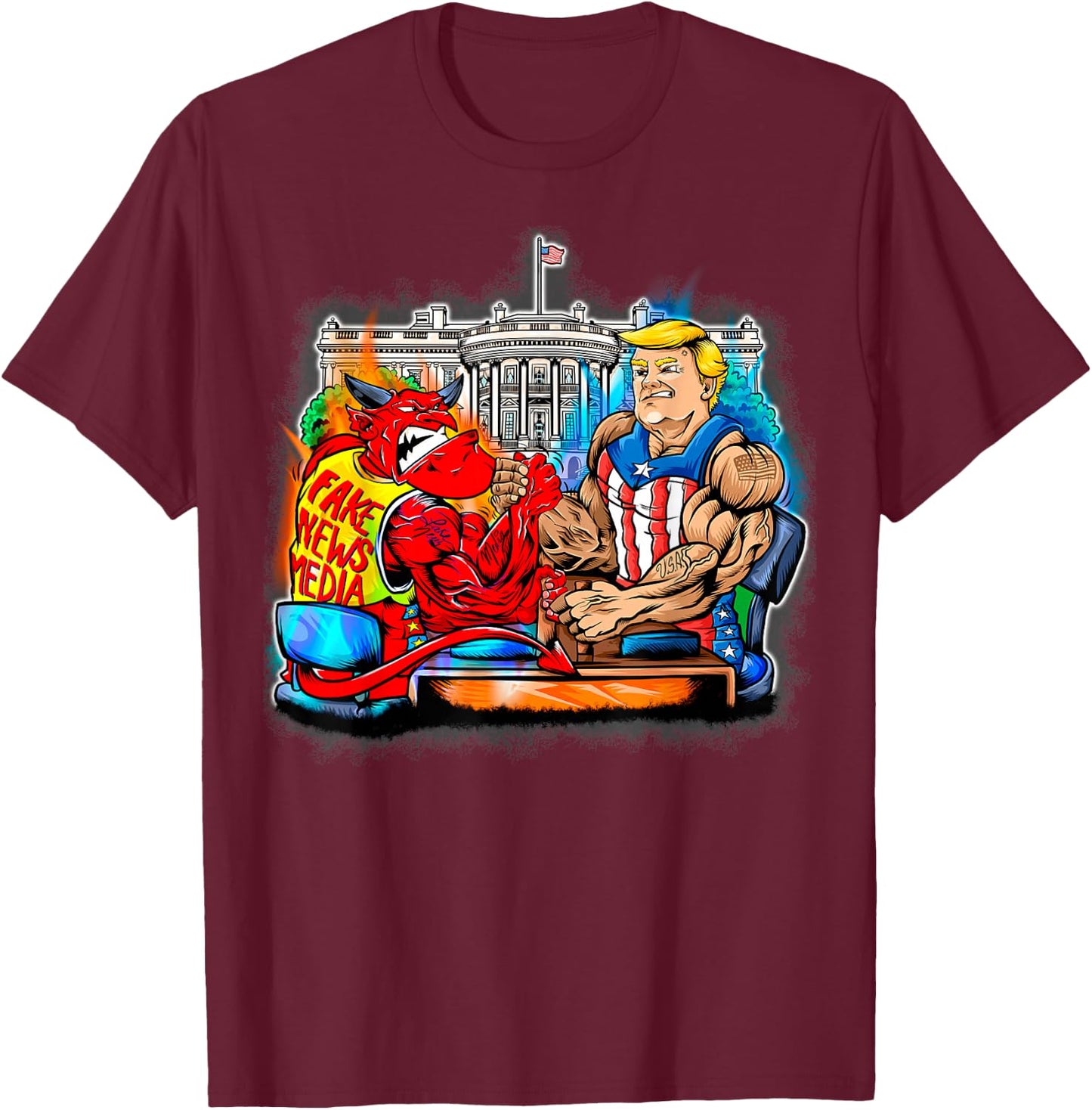 Donald Trump Arm Wrestling Satan Fake News Media Gift T-Shirt - T-Shirt | Maroon