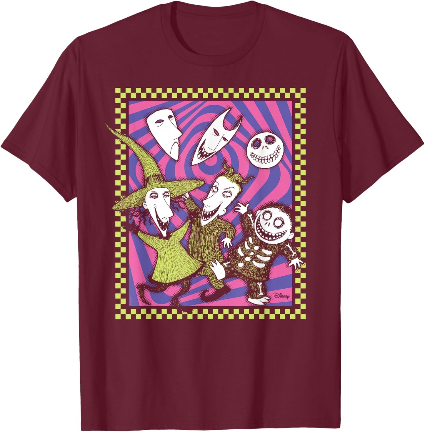 The Nightmare Before Christmas - Retro Lock Shock Barrel T-Shirt - T-Shirt | Maroon
