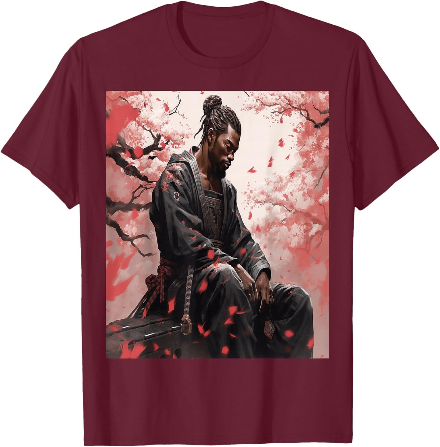 Black Samurai African Yasuke Meditating Under Cherry Blossom T-Shirt - T-Shirt | Maroon