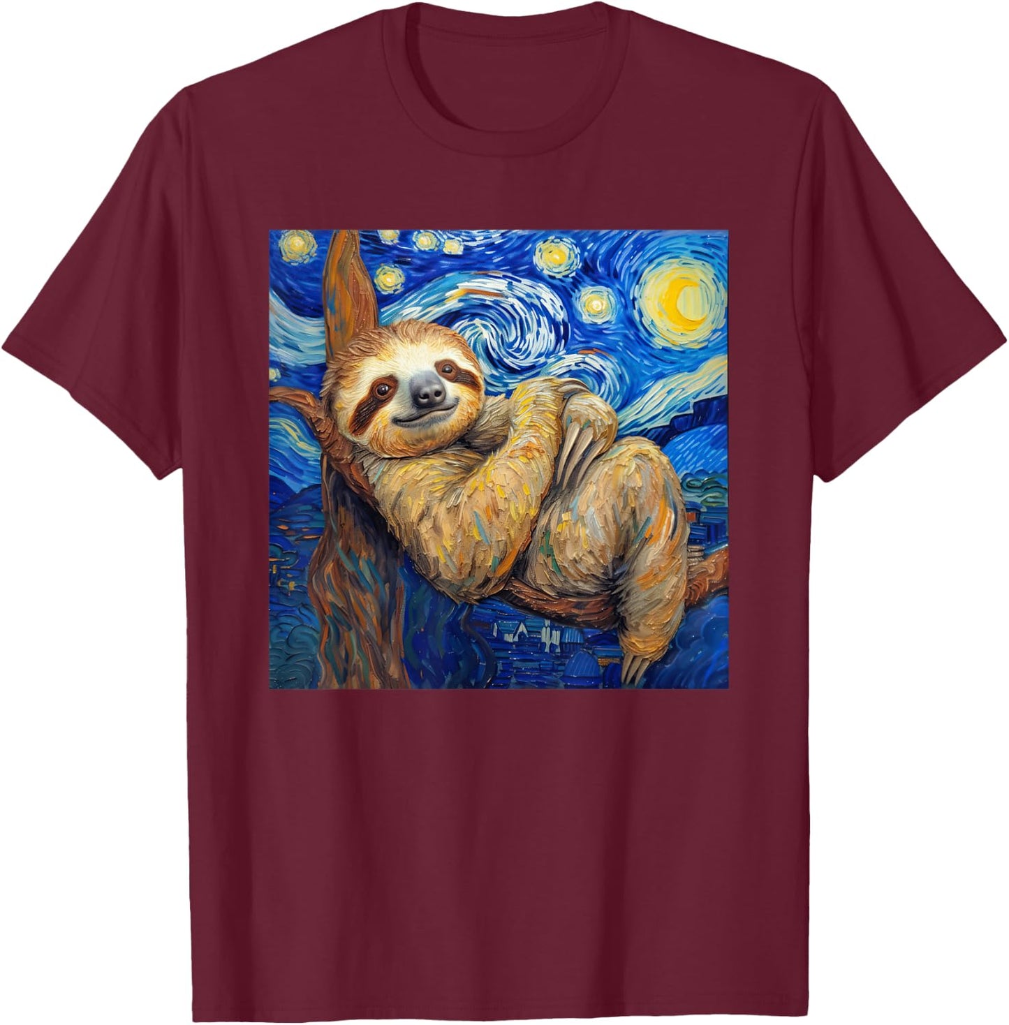 Sloth Van Gogh Style Starry Night T-Shirt - T-Shirt | Maroon