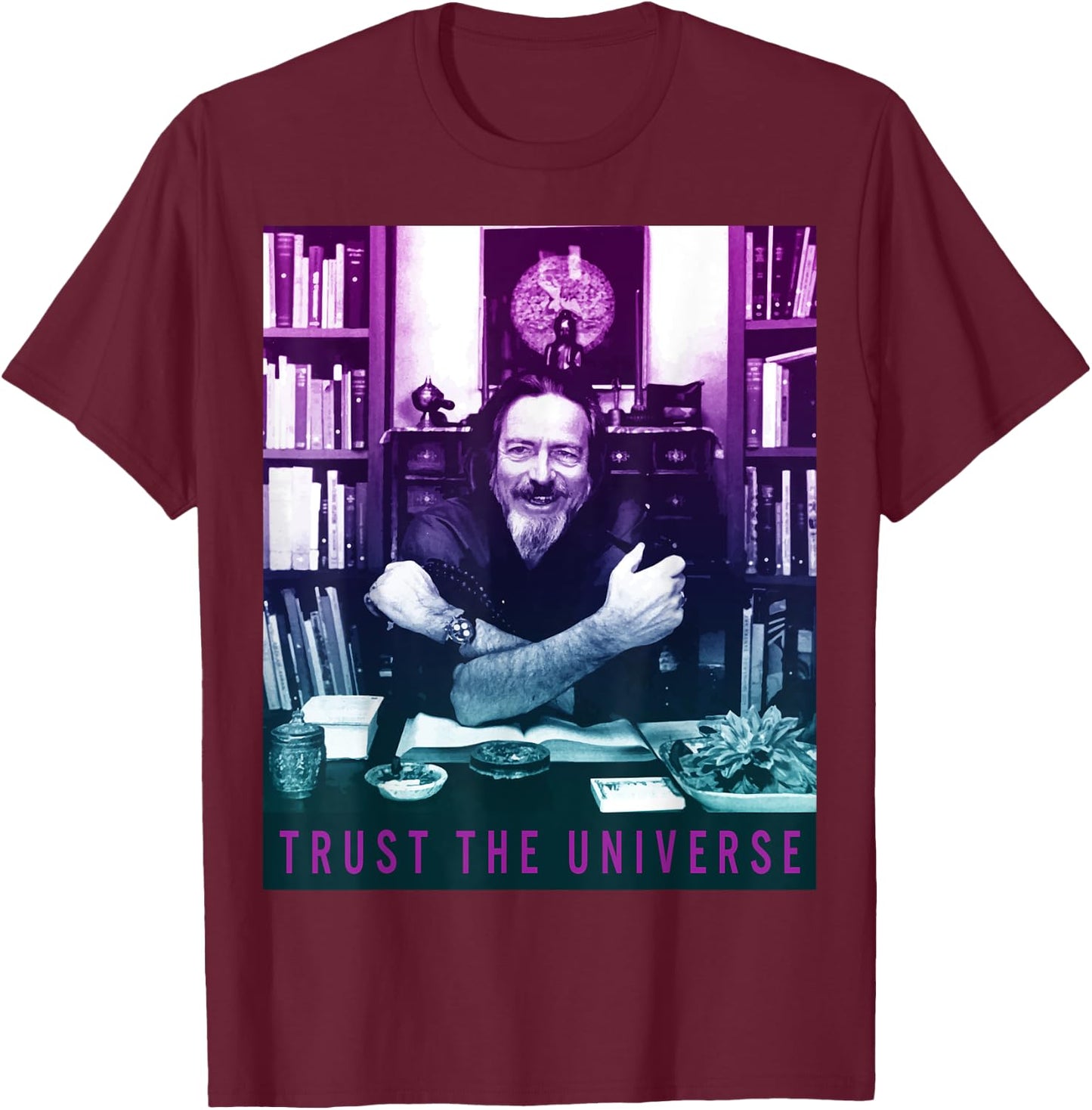 Quotes and Sayings Famous Philosophers Alan Watts Gradient Photo Trust The Universe Adults Men's Casual Yoga Black Small T-Shirt - T-Shirt | Maroon
