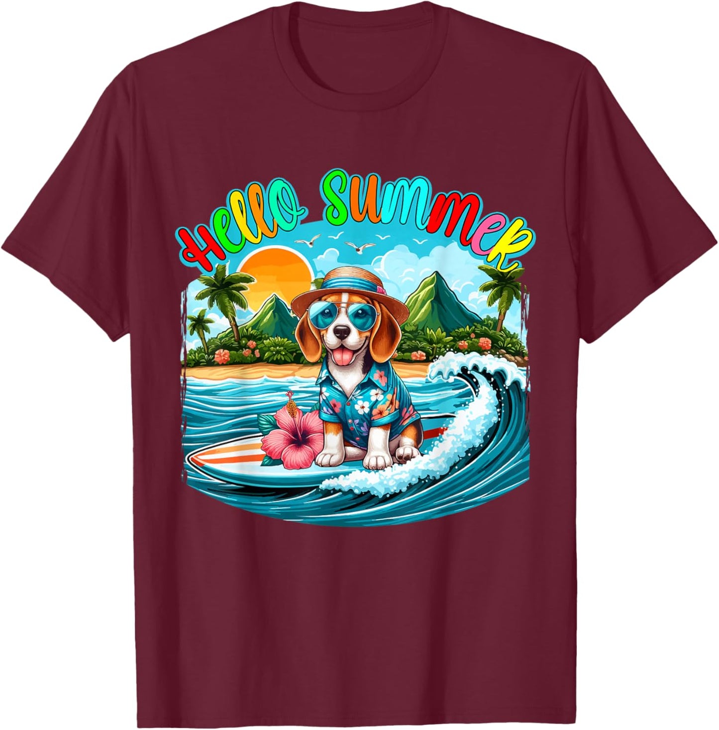 Summer Costume Beagle Sunglasses Surfing On Beach Surfer T-Shirt - T-Shirt | Maroon