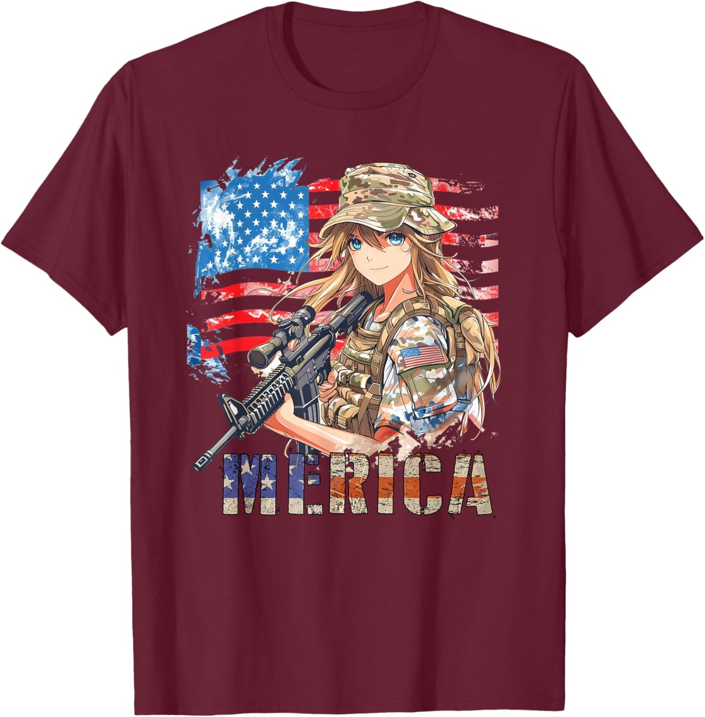 4th Of July Military Anime Girl Patriotic Kid Women US Flag T-Shirt - T-Shirt | Maroon