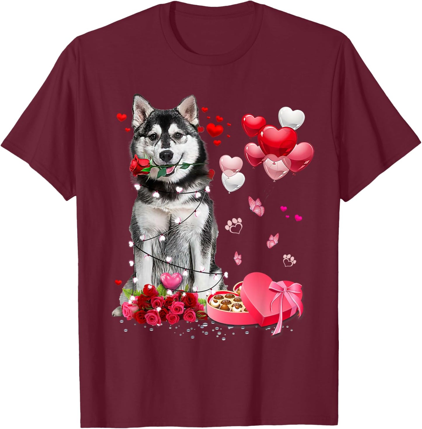Funny Husky Rose Heart Happy Valentine Day Dog Mom T-Shirt - T-Shirt | Maroon