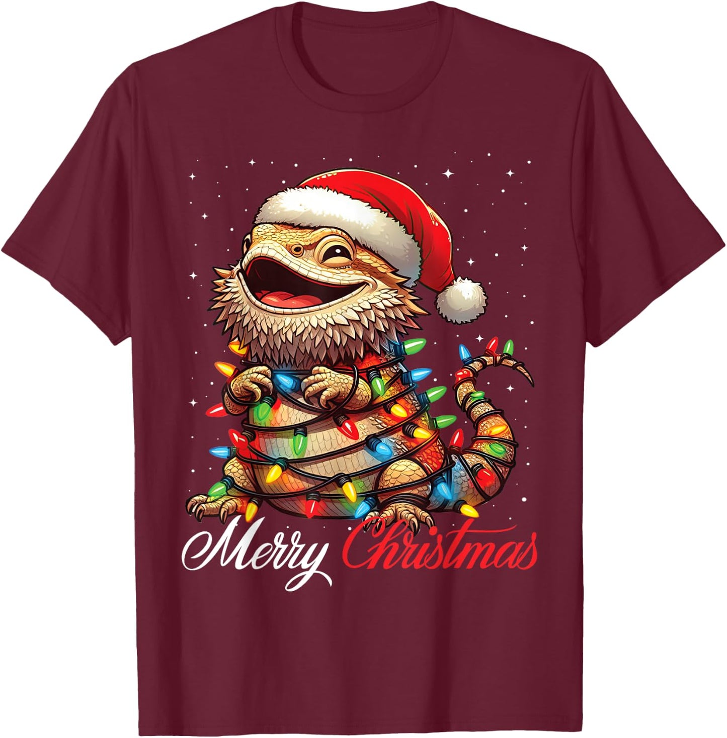Bearded Dragon Merry Christmas Lights Santa Hat Xmas Snow T-Shirt - T-Shirt | Maroon