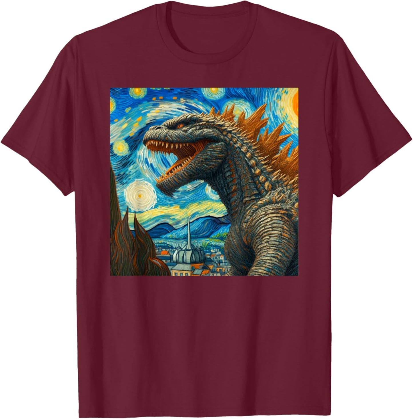 Vintage Japanese Monster Kaiju Van Gogh Starry Night T-Shirt - T-Shirt | Maroon