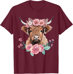 Cute Baby Highland Cow With flowers Calf Animal cow women T-Shirt - T-Shirt | Maroon